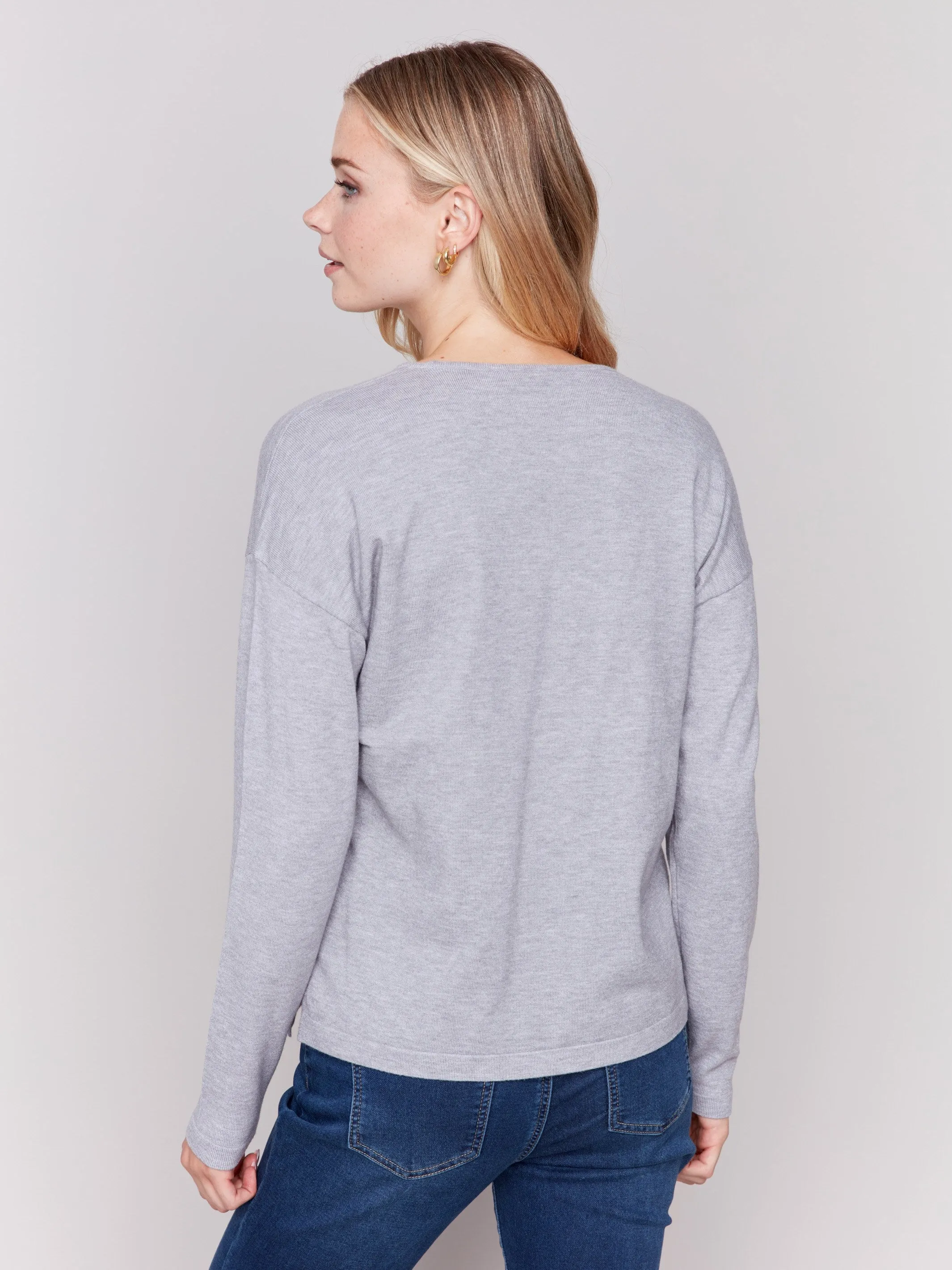 Heart Stitch V-Neck Sweater - Grey