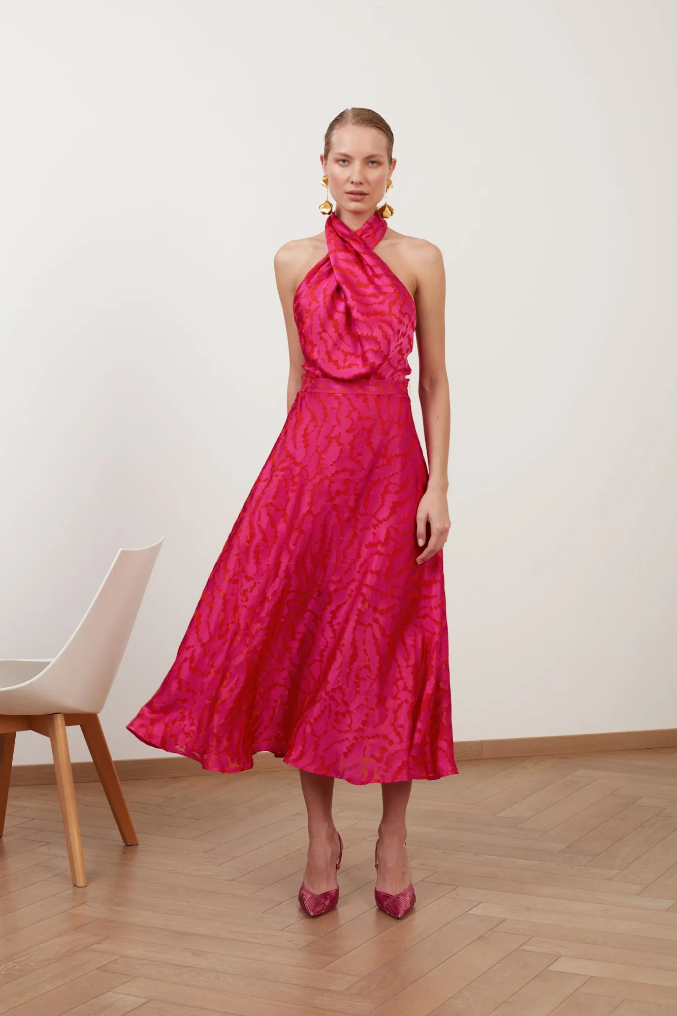 HEIDI red fuchsia print halter neck midi dress