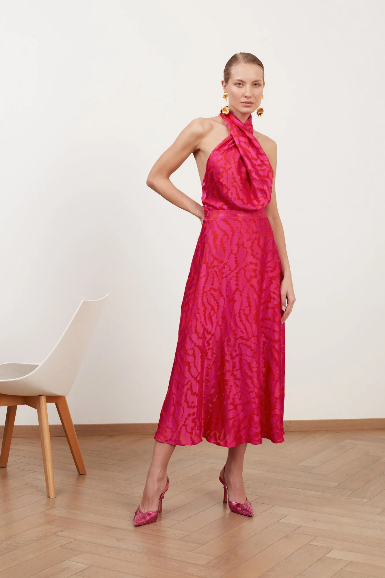 HEIDI red fuchsia print halter neck midi dress