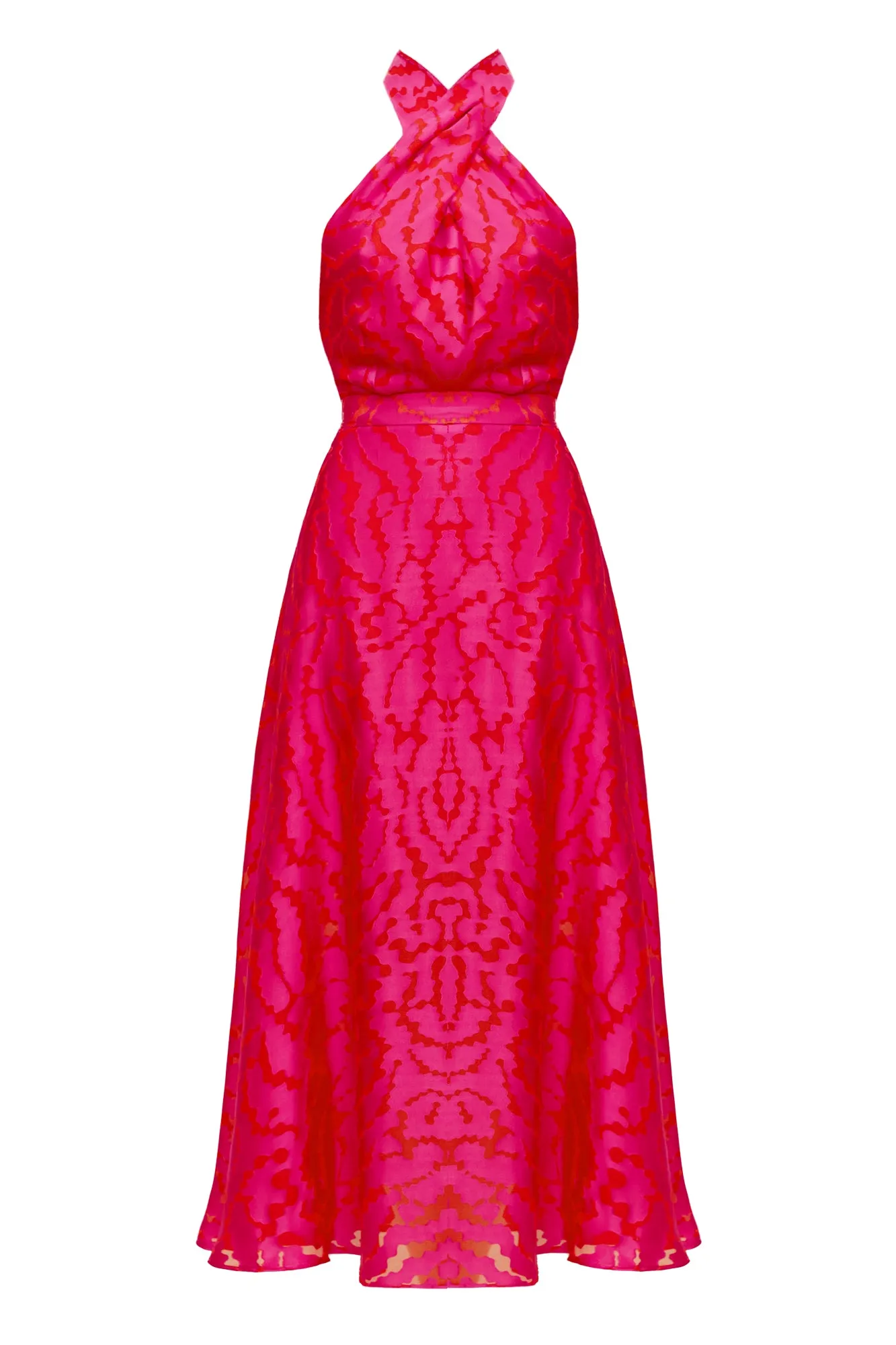 HEIDI red fuchsia print halter neck midi dress