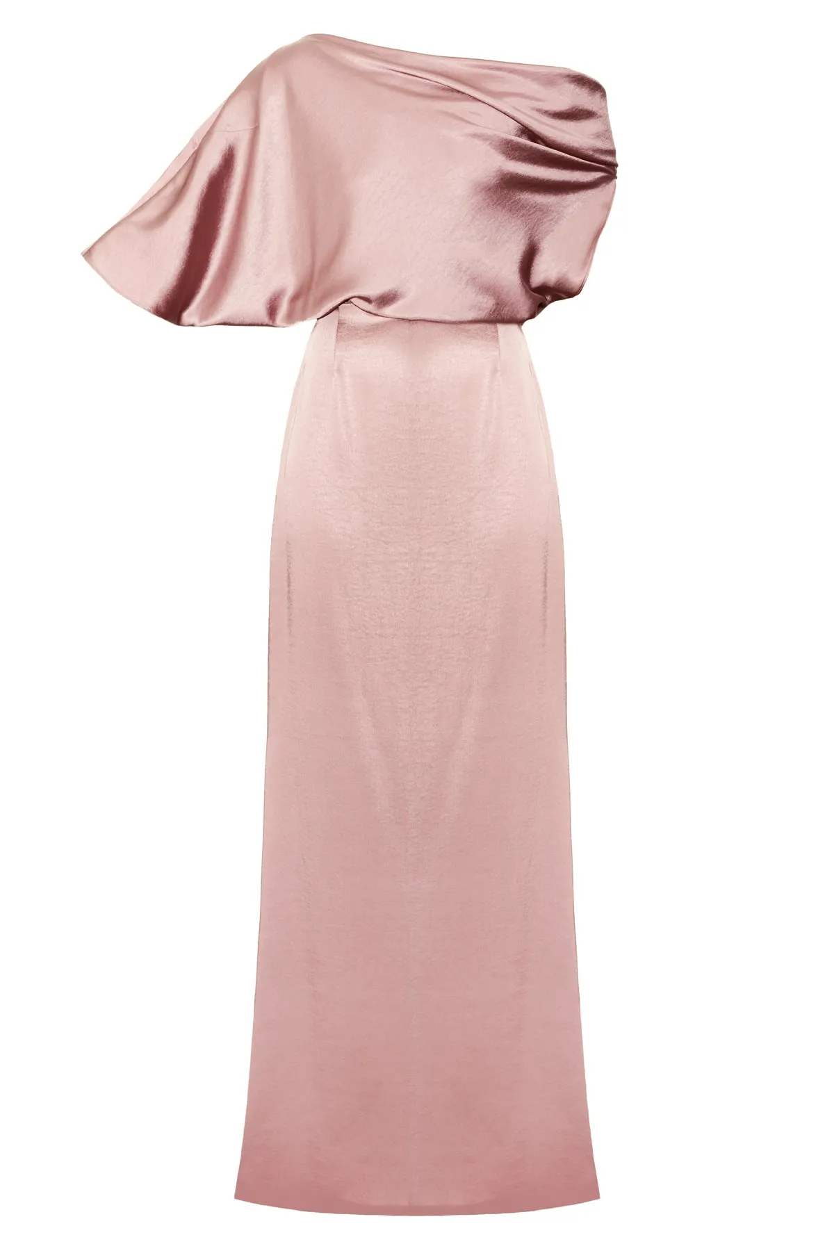 HELEN nude satin asymmetric maxi evening dress