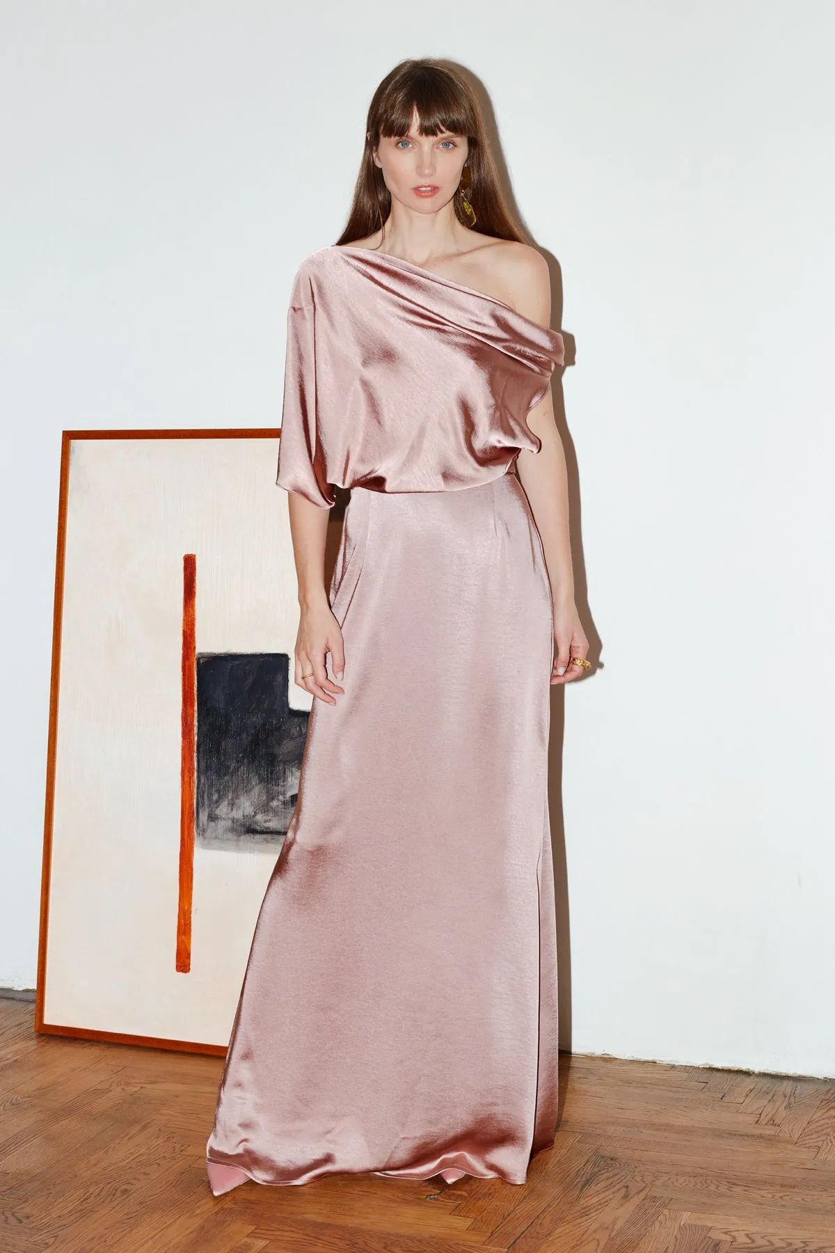 HELEN nude satin asymmetric maxi evening dress