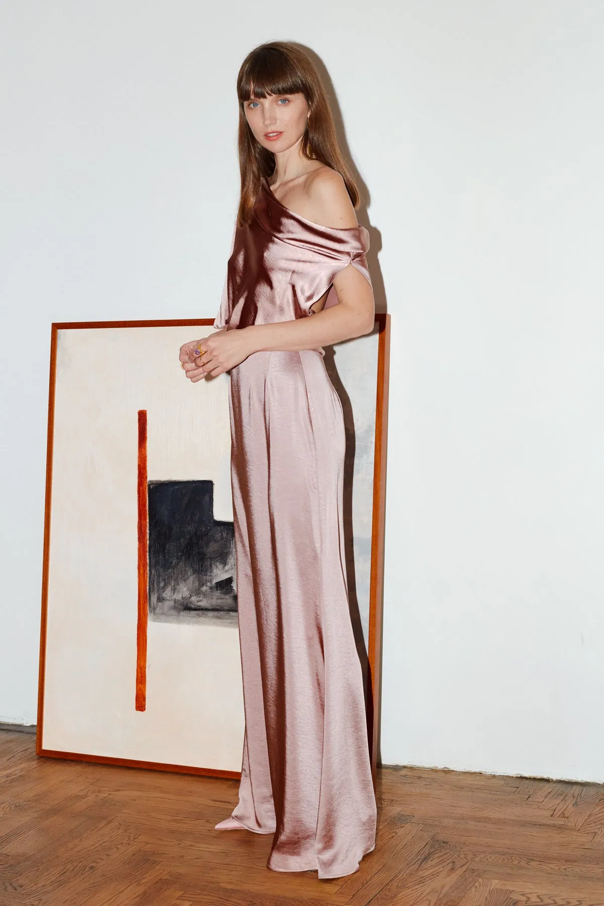 HELEN nude satin asymmetric maxi evening dress