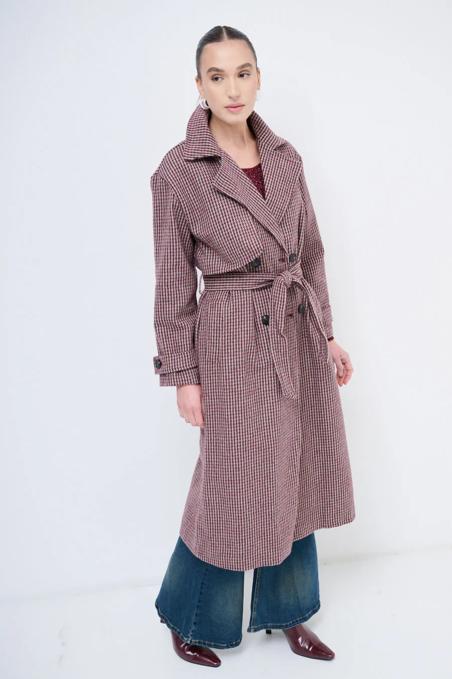 Houndstooth trench coat with belted waist wholesale