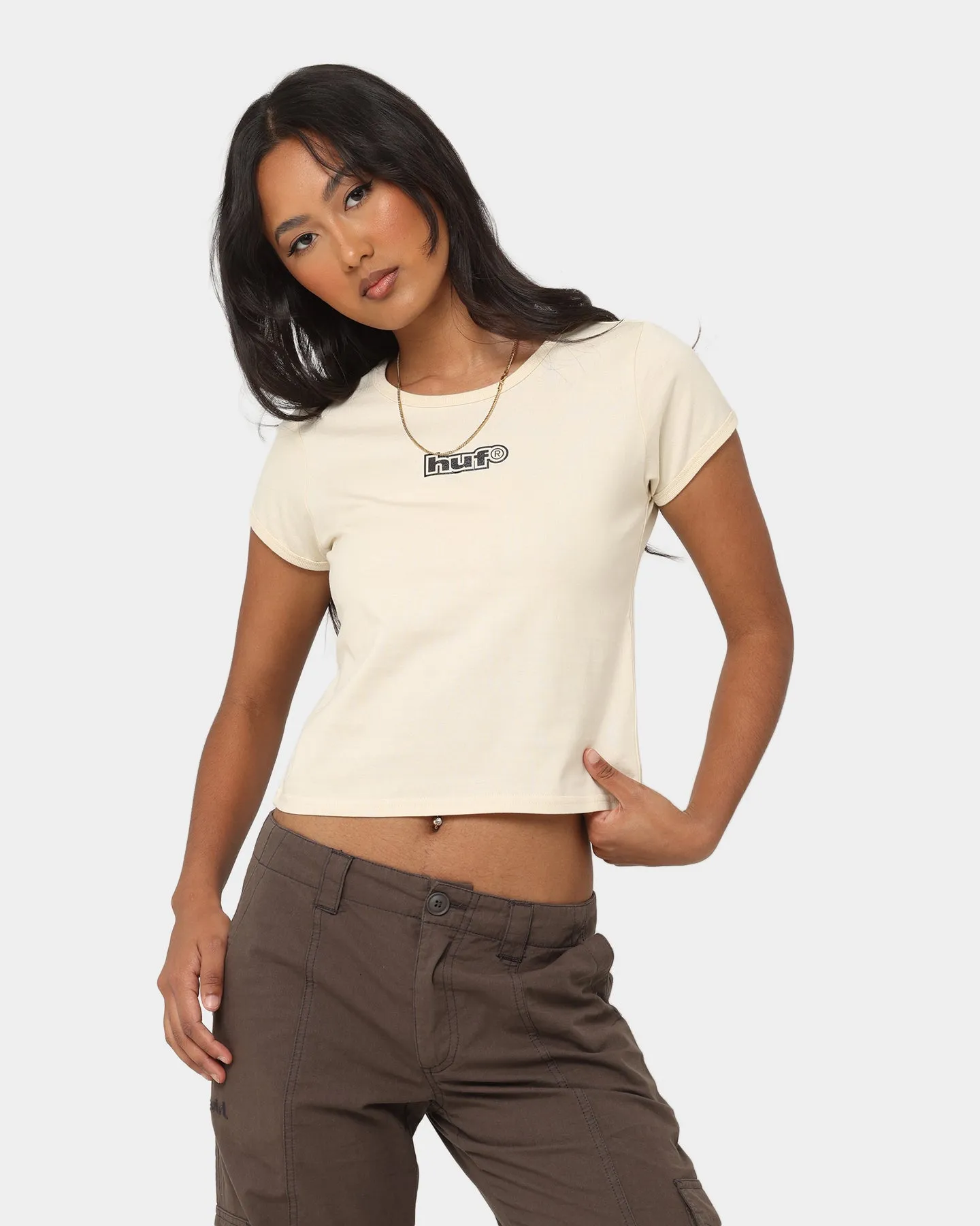 HUF Women's Foil Logo Knit Baby T-Shirt Off White