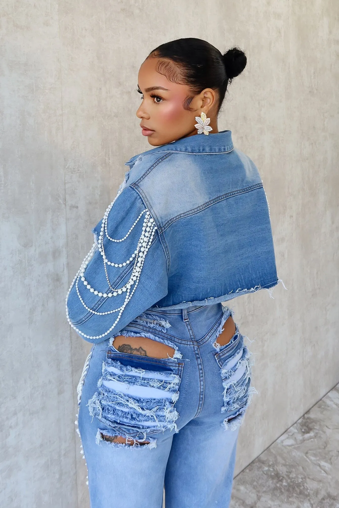 Janet Pearl & Rhinestone Draped Denim Jacket