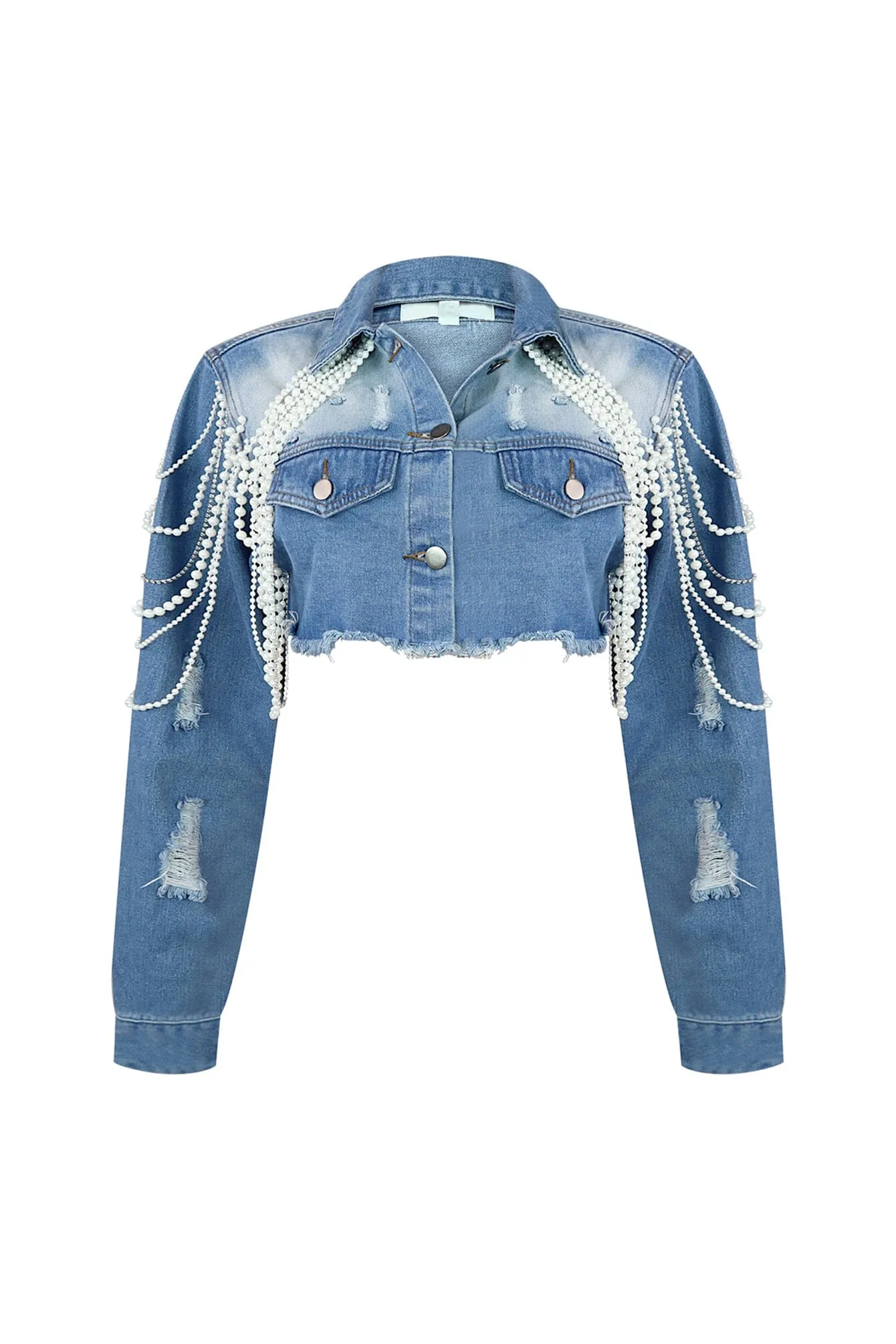 Janet Pearl & Rhinestone Draped Denim Jacket