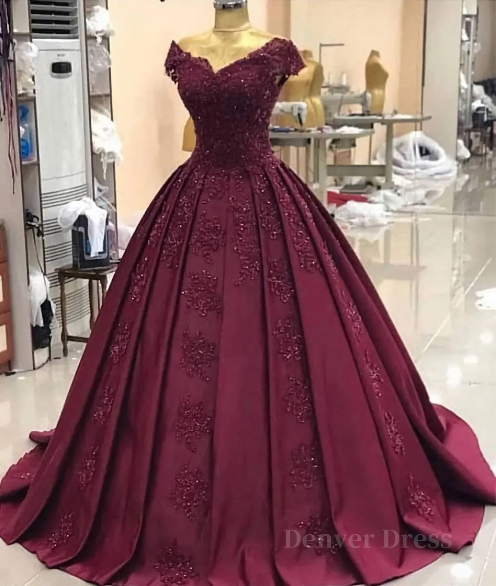 kamahe Burgundy off shoulder satin lace long prom dress, burgundy evening dress