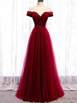 kamahe Cap Sleeve Red Sparkly Tulle Long Evening Prom Dresses