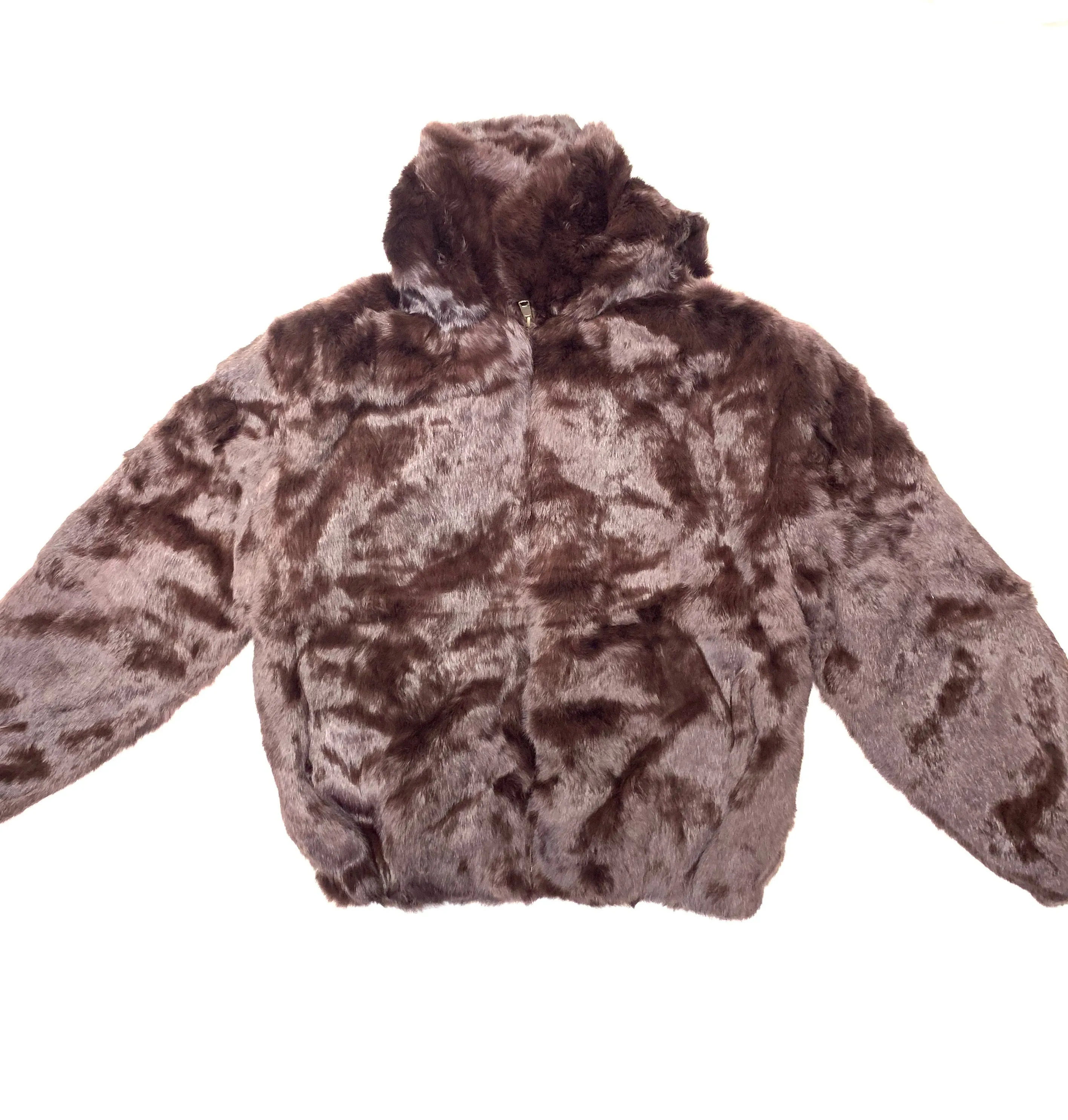 Kashani Dark Brown Rabbit Fur Hooded Bomber Jacket