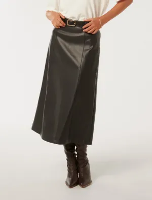 Katy Vegan Leather Belted Midi Skirt