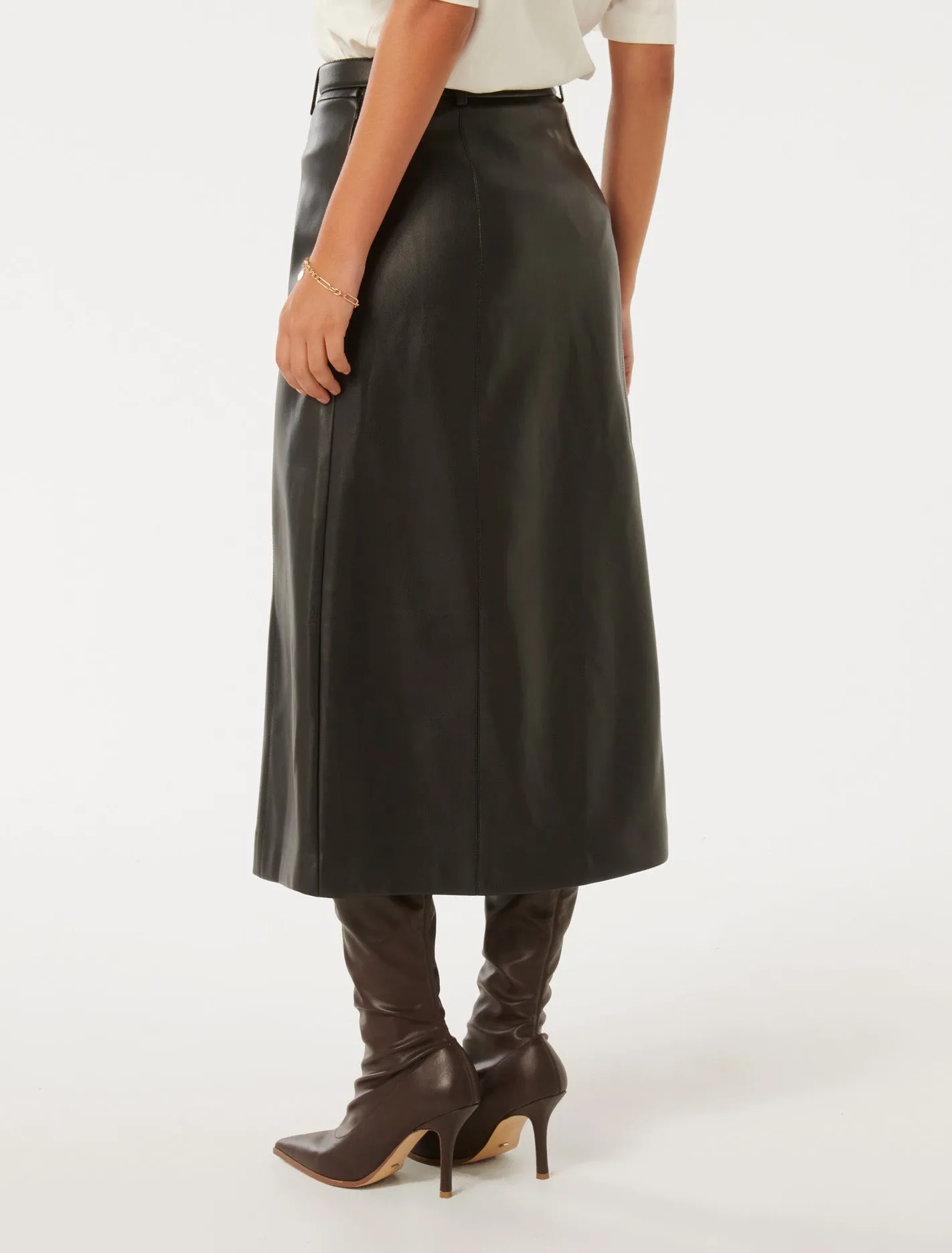 Katy Vegan Leather Belted Midi Skirt