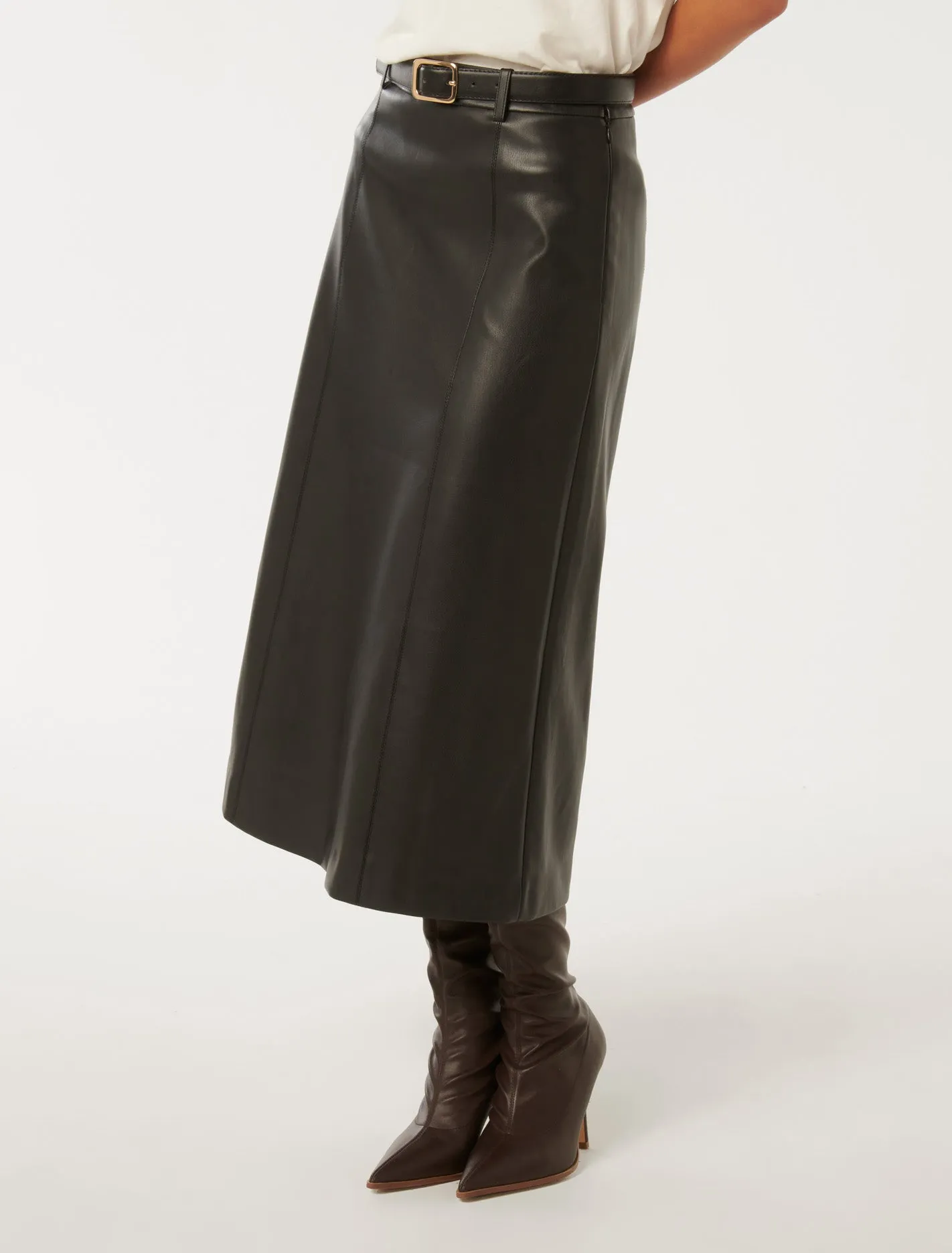 Katy Vegan Leather Belted Midi Skirt