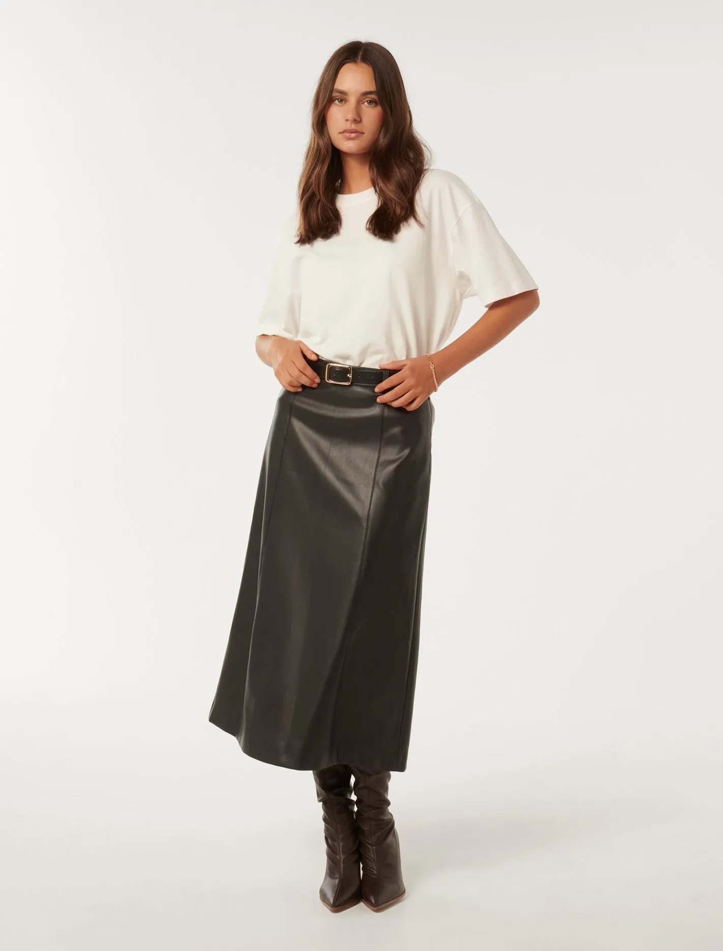 Katy Vegan Leather Belted Midi Skirt