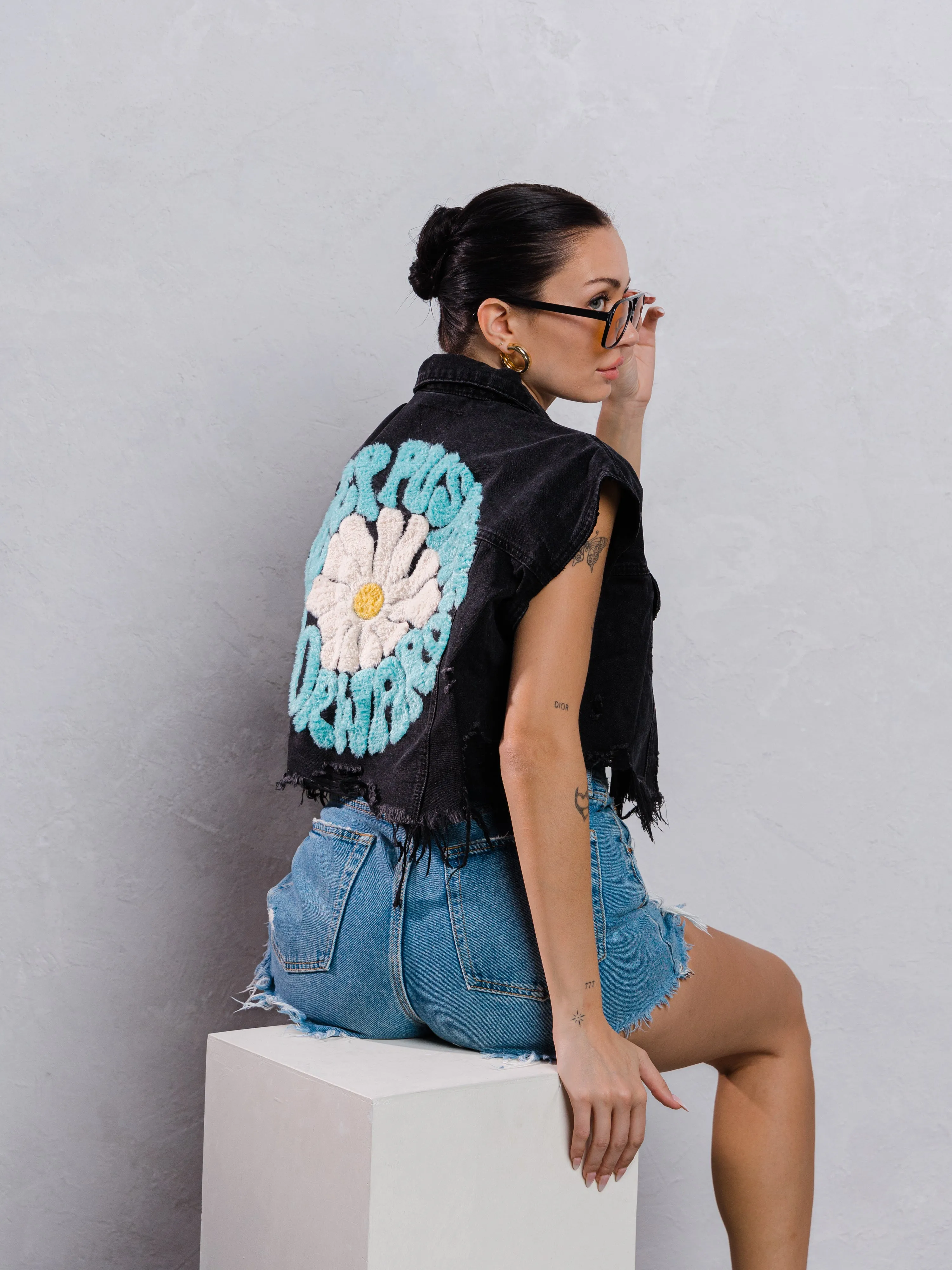 KEEP PUSHING FORWARD Crop Denim Vest