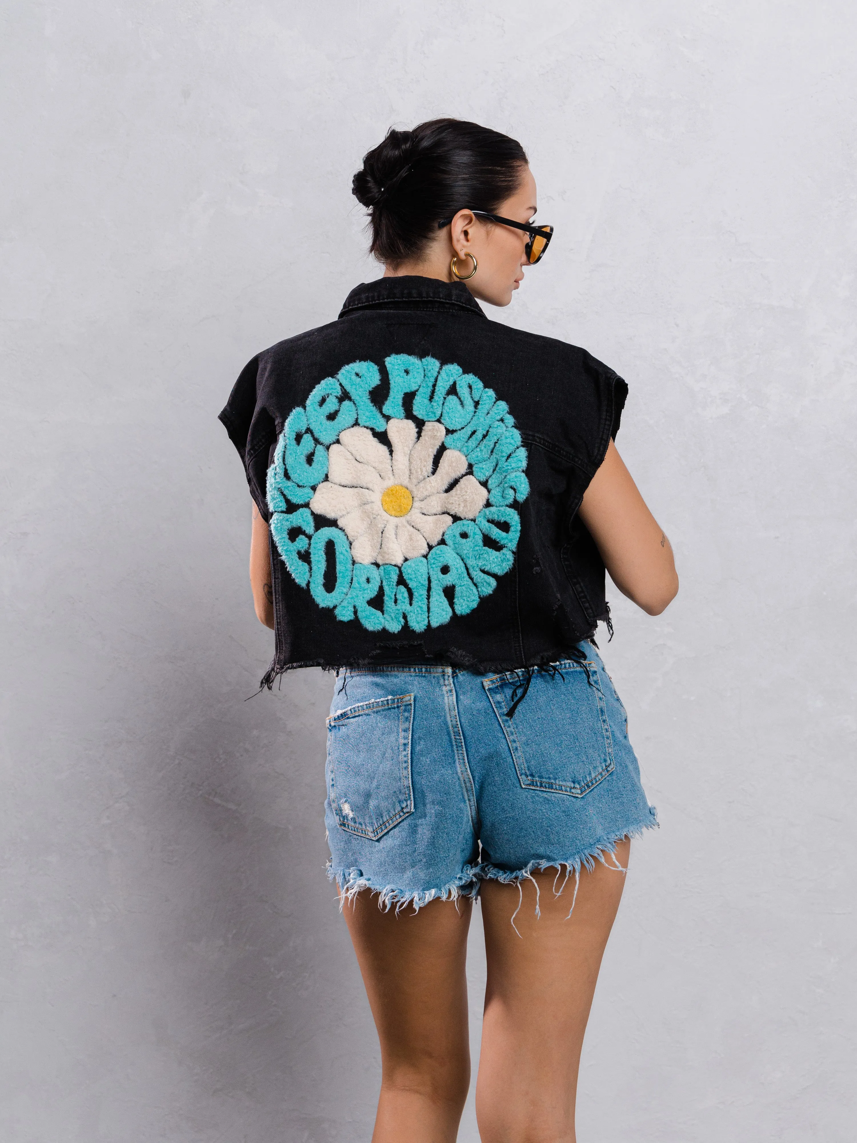 KEEP PUSHING FORWARD Crop Denim Vest