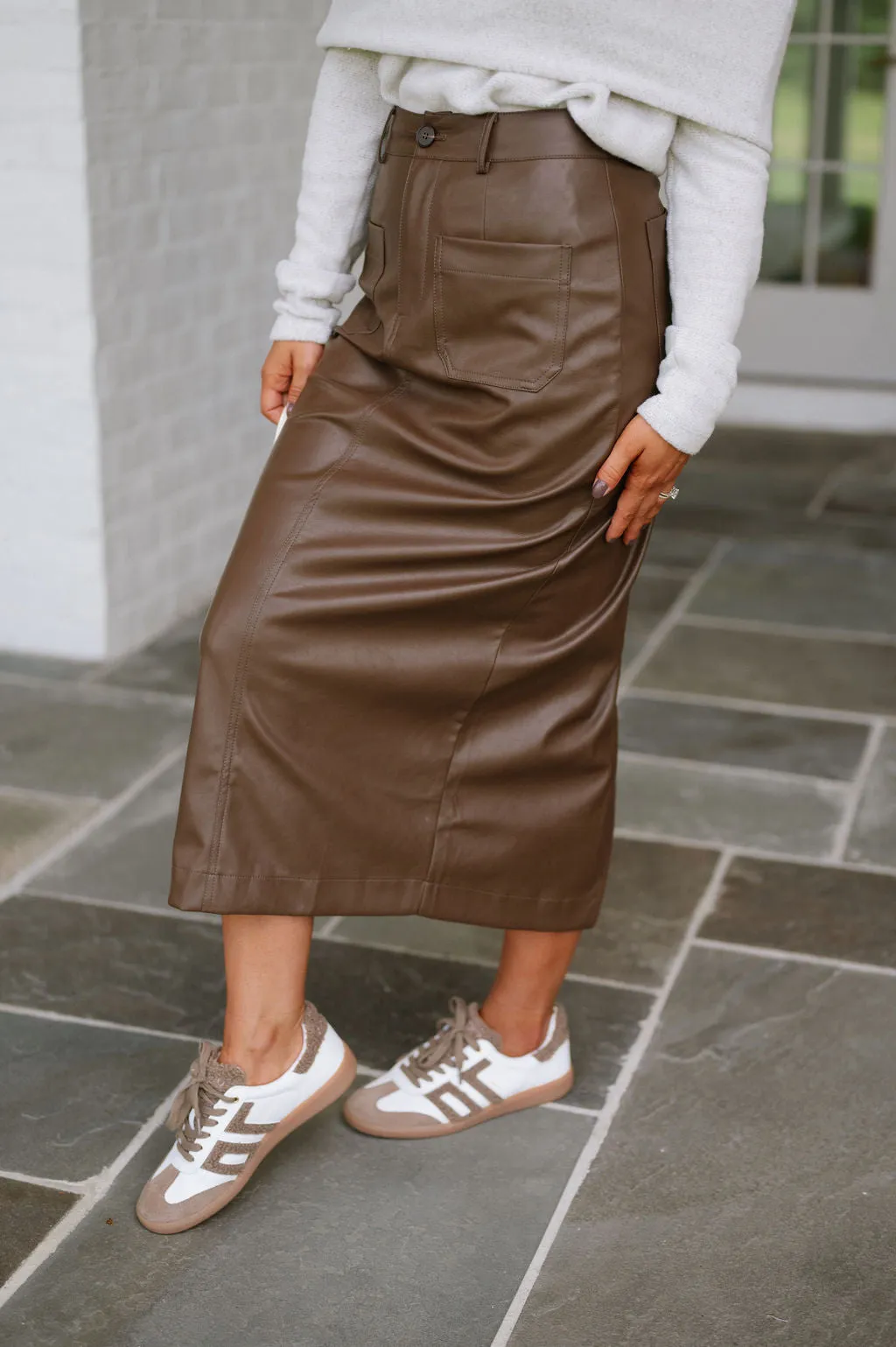 Lane Leather Midi Skirt-Brown