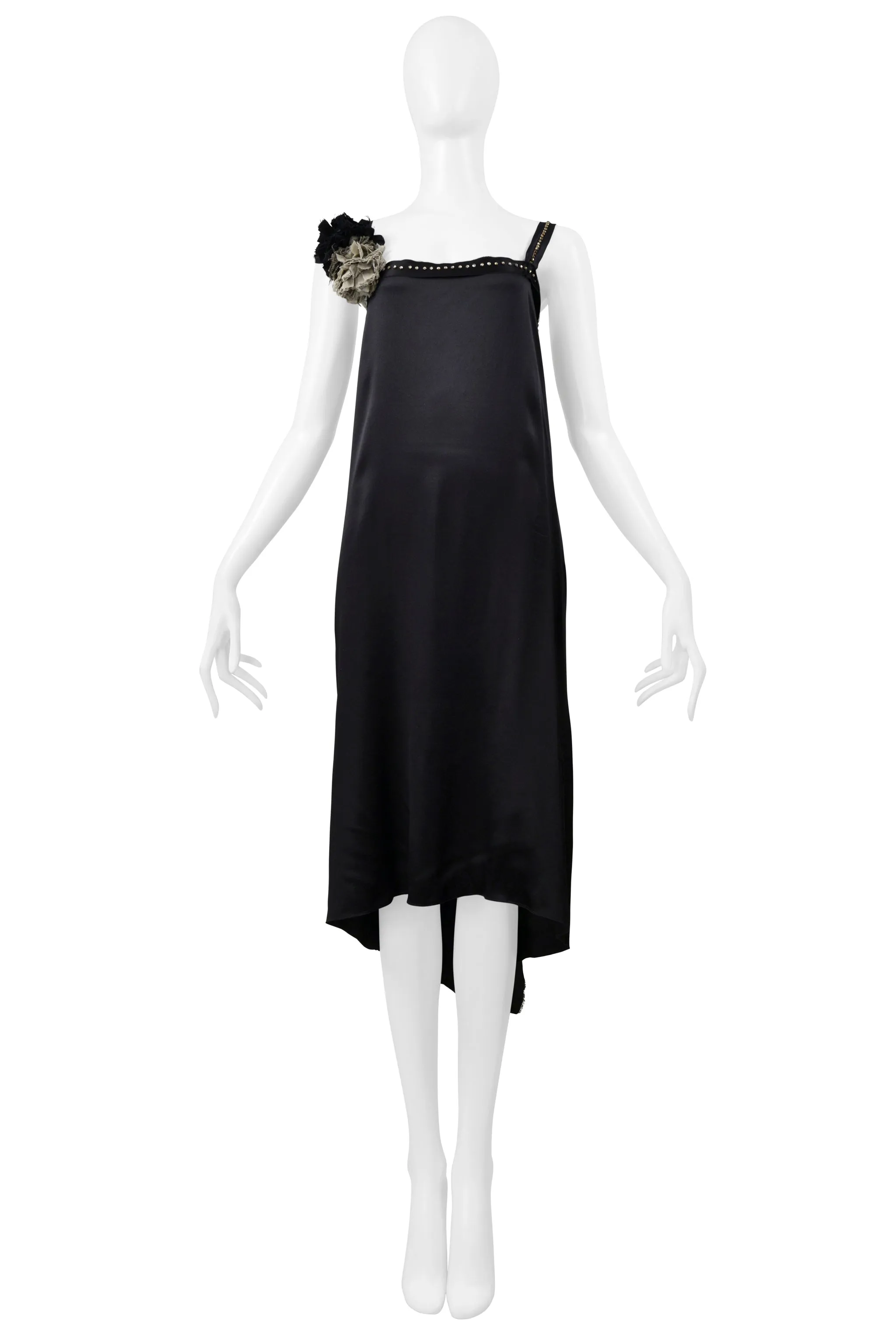 LANVIN BLACK SATIN DISCO DRESS WITH RHINESTONE STRAPS & FLOWERS 2004