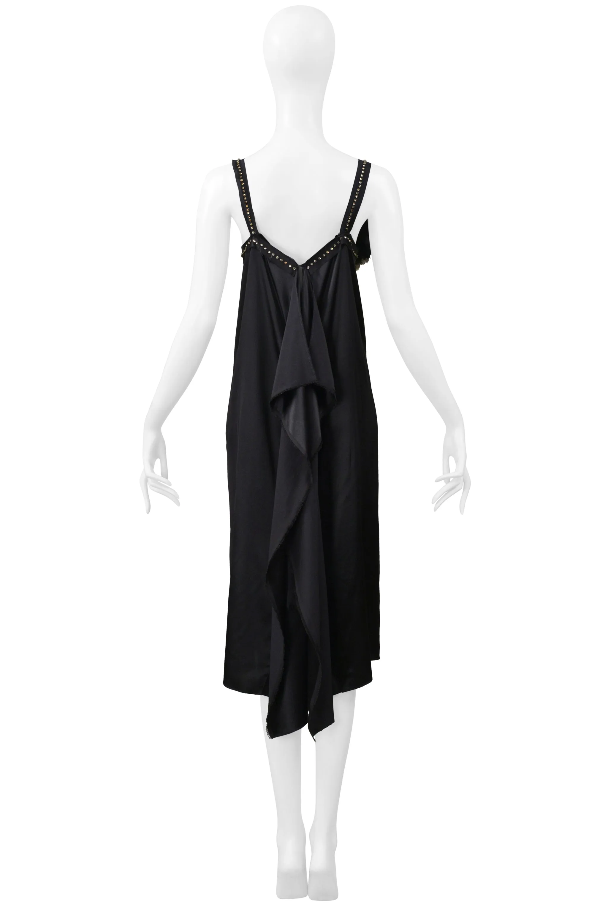 LANVIN BLACK SATIN DISCO DRESS WITH RHINESTONE STRAPS & FLOWERS 2004