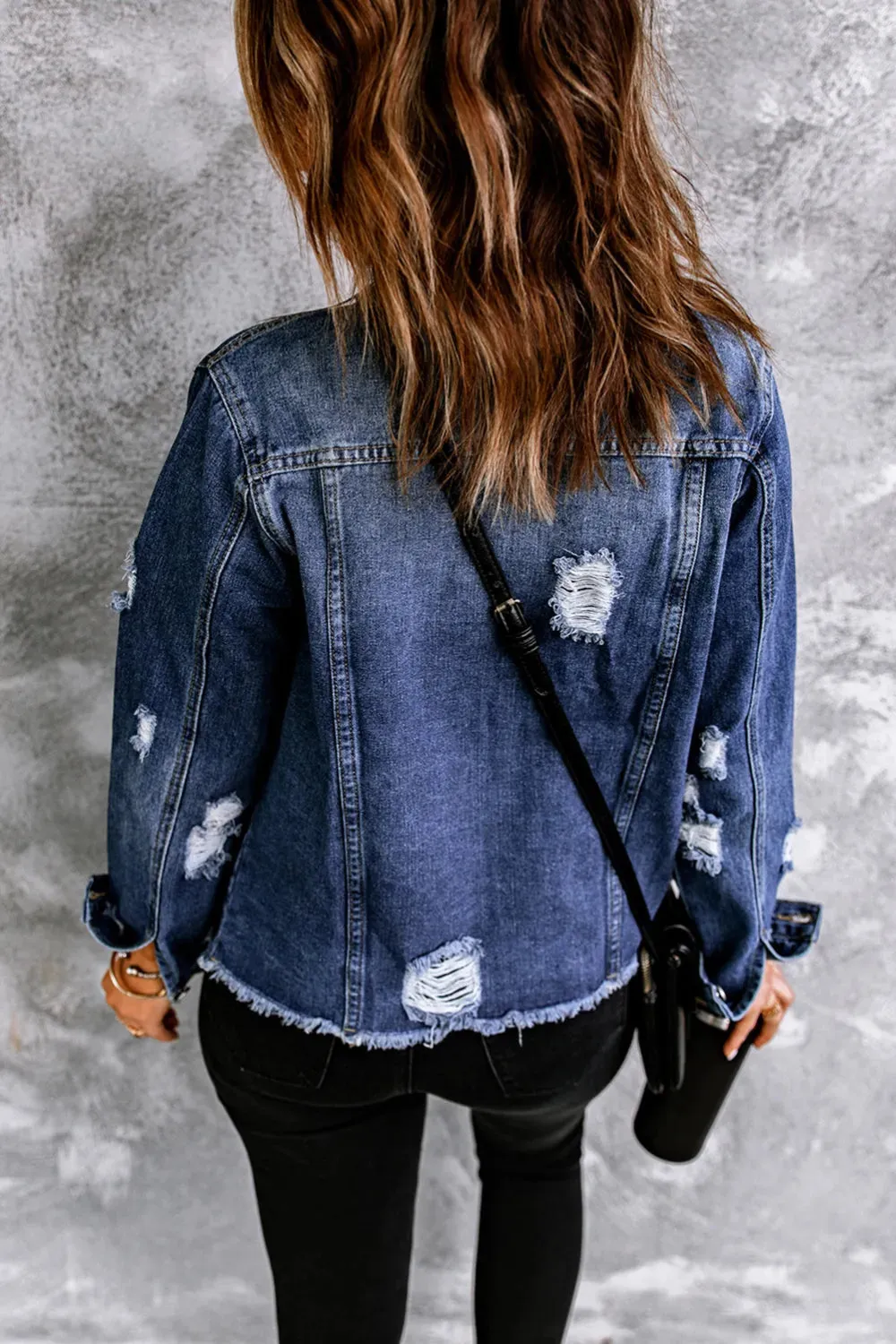 Lapel Distressed Raw Hem Buttons Denim Jacket