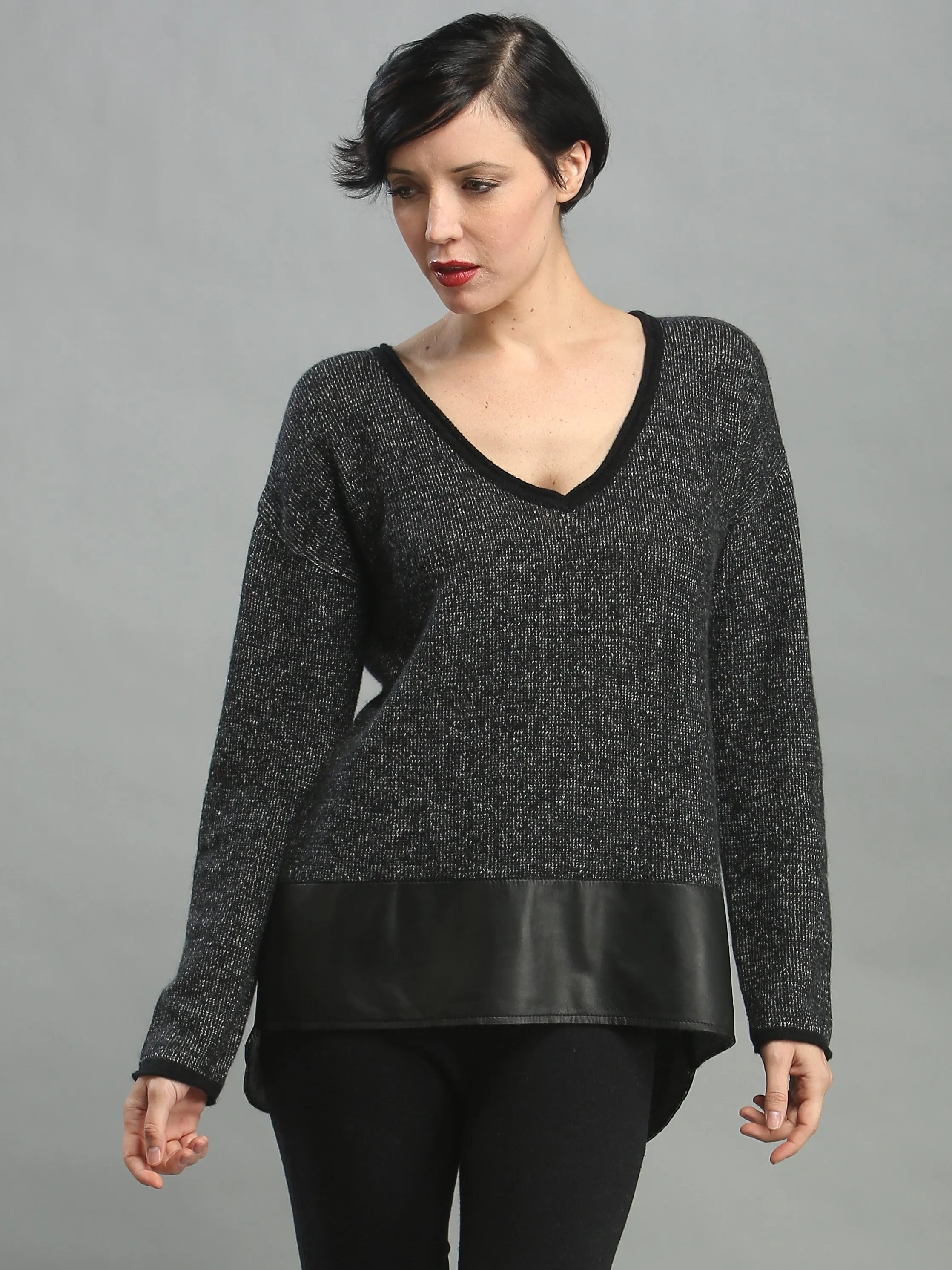 Leather Hem V-Neck Pullover