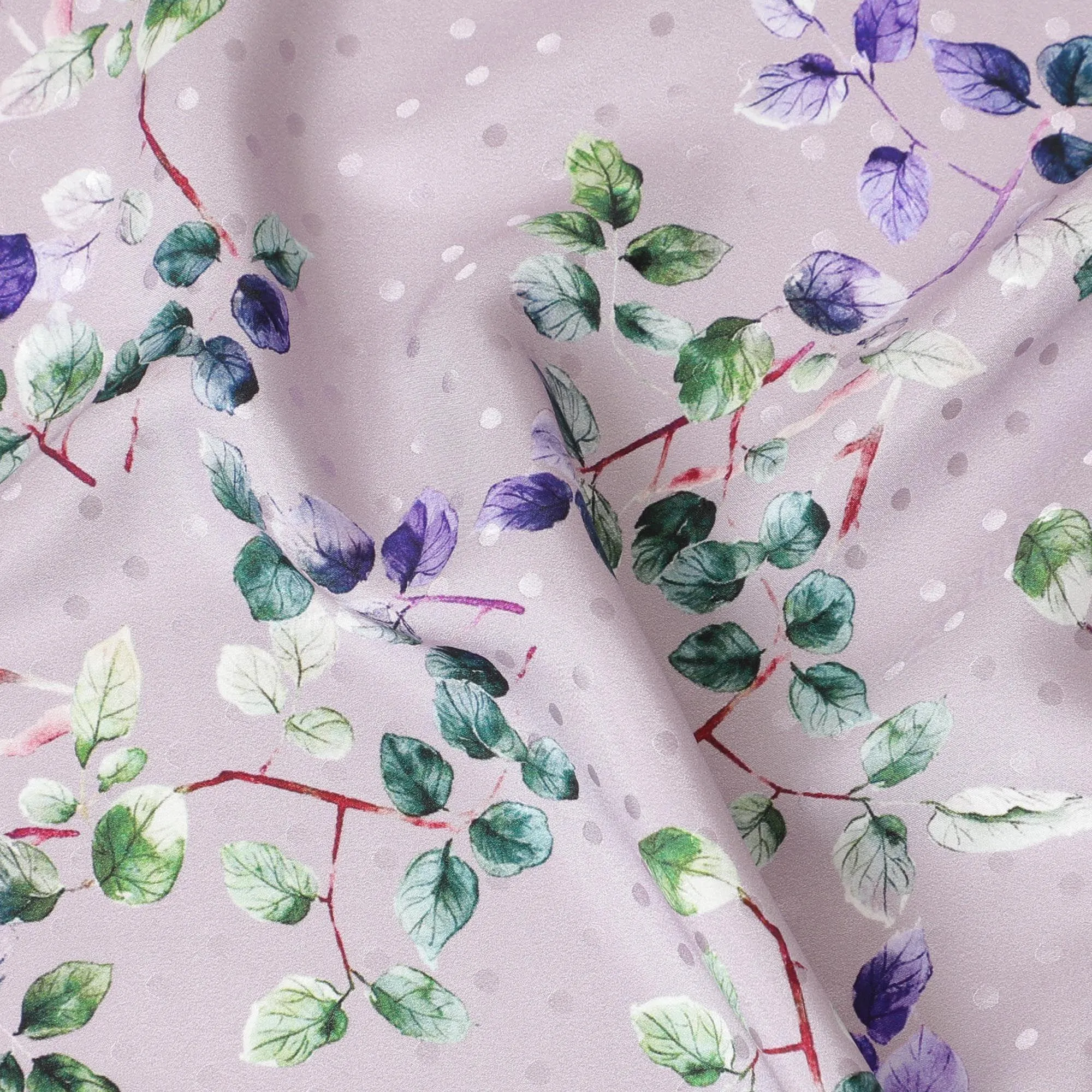 Light Lavender Italian premium pure silk satin with same tone dot jacquard having multicolor print in floral design-D9721