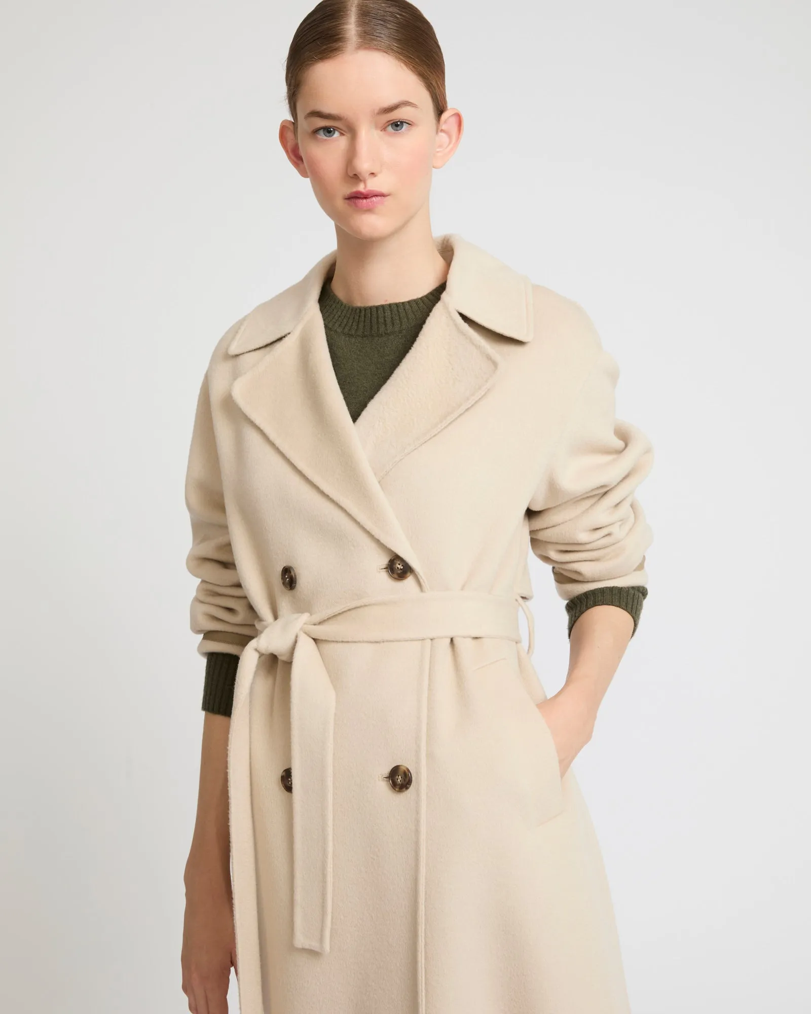 Long cashmere-blend trench coat with removable collar