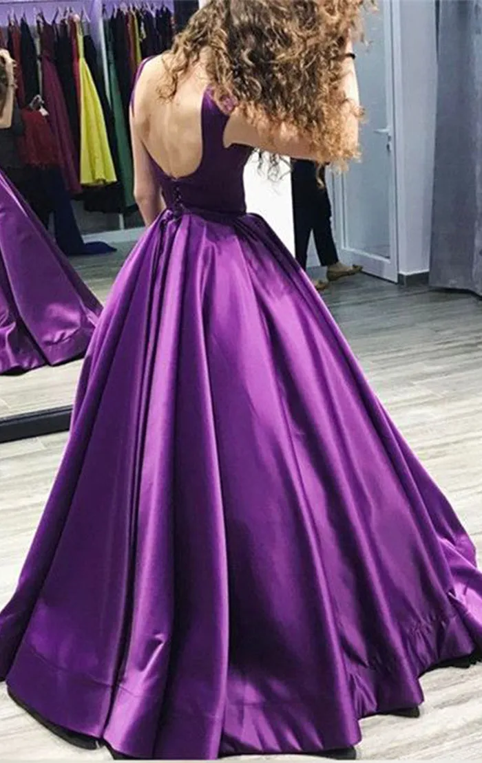 MACloth Boat Neck Satin Ball Gown Prom Dress Purple Formal Evening Gown