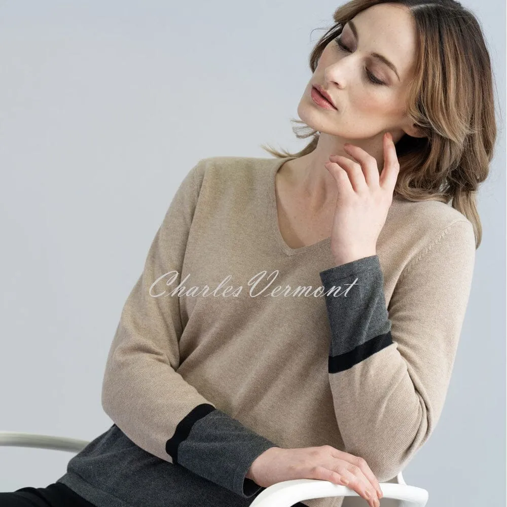 Marble V-neck Sweater – style 6387-166 (Light Camel / Charcoal Grey / Black)