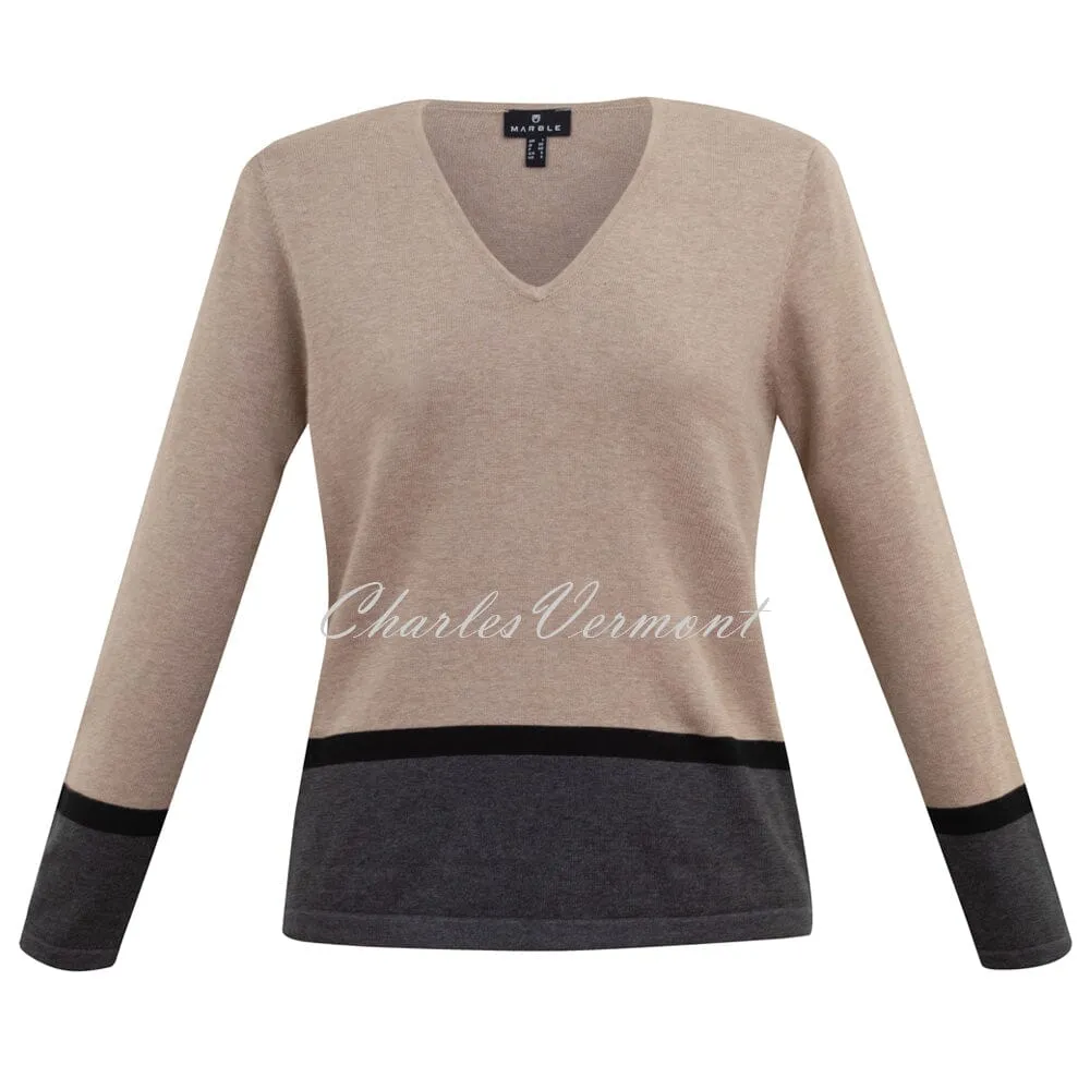 Marble V-neck Sweater – style 6387-166 (Light Camel / Charcoal Grey / Black)