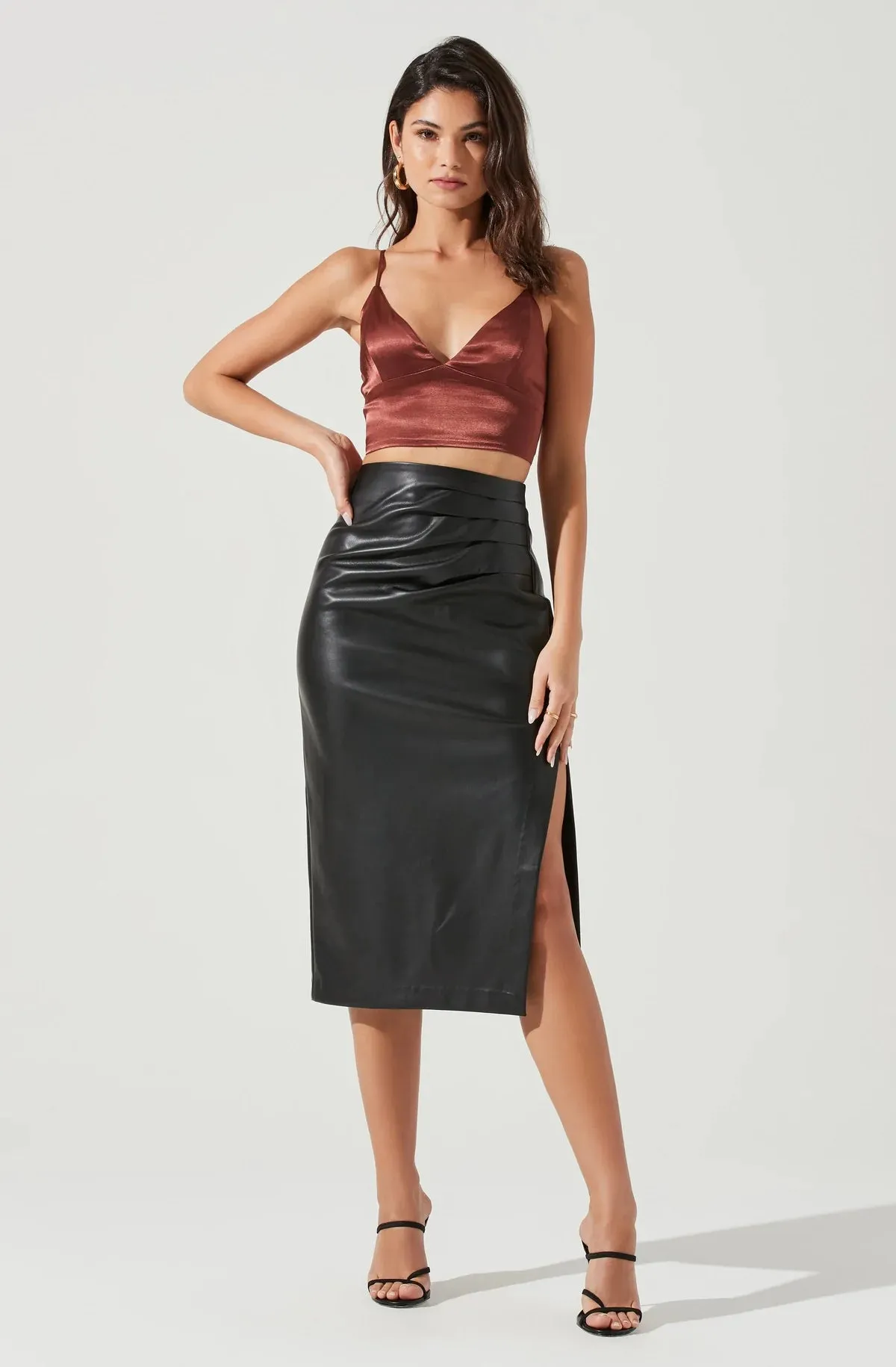 MELODY FAUX LEATHER MIDI SKIRT