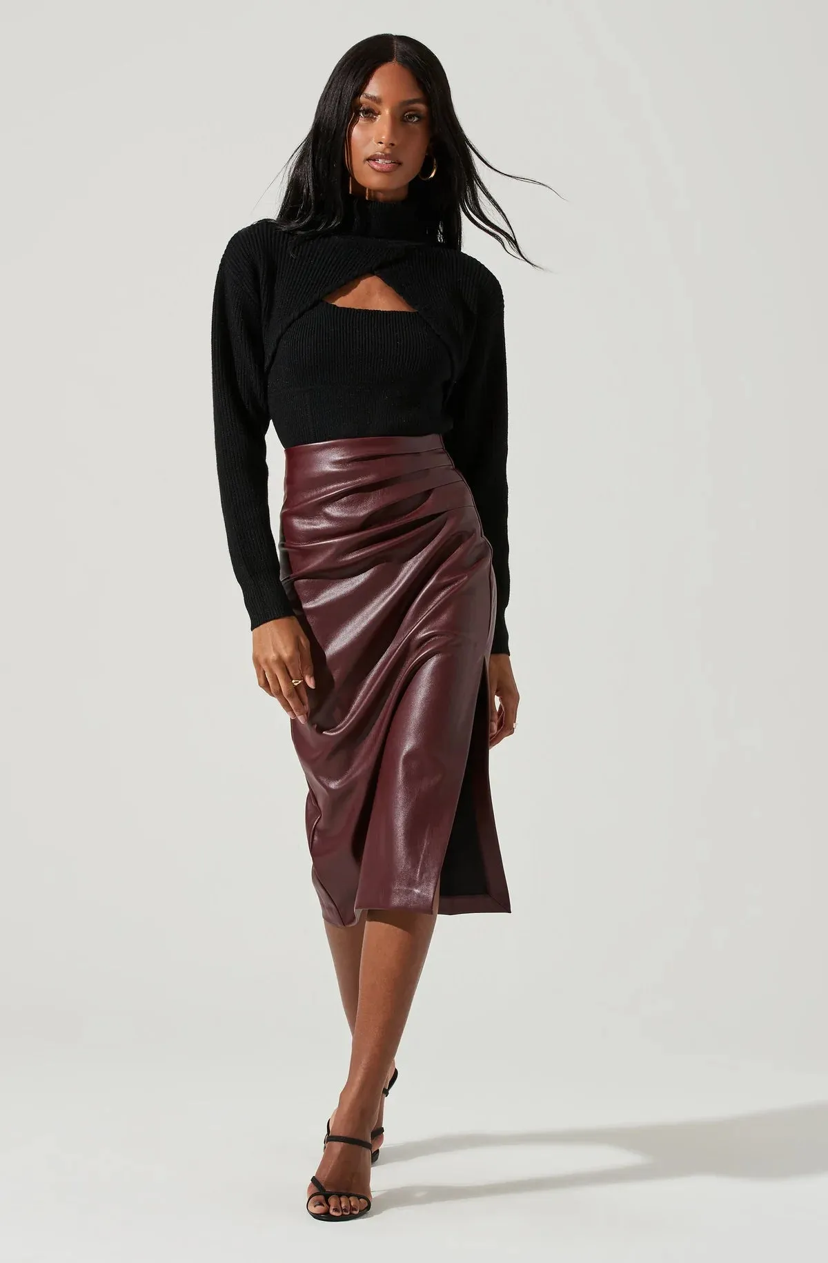 MELODY FAUX LEATHER MIDI SKIRT