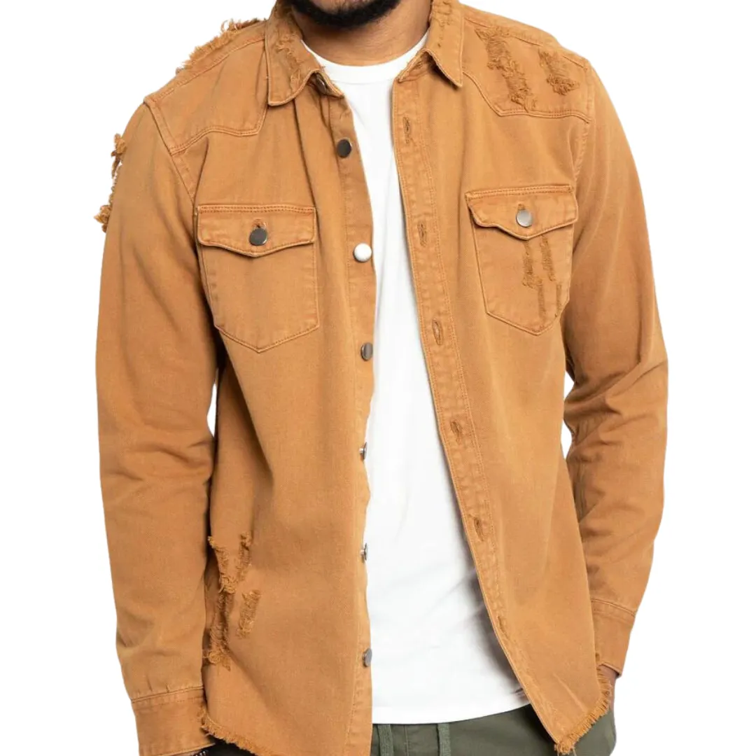 Mens Distressed Denim Over Shirt Button Up Jacket Khaki Wheat Wash Jean Jacket