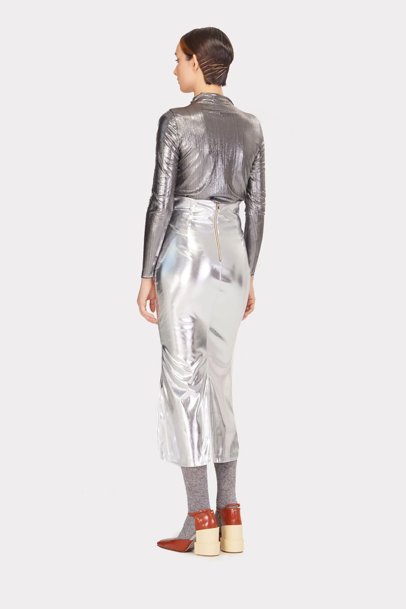 Mermaid Faux Leather Midi Skirt With Slit Silver