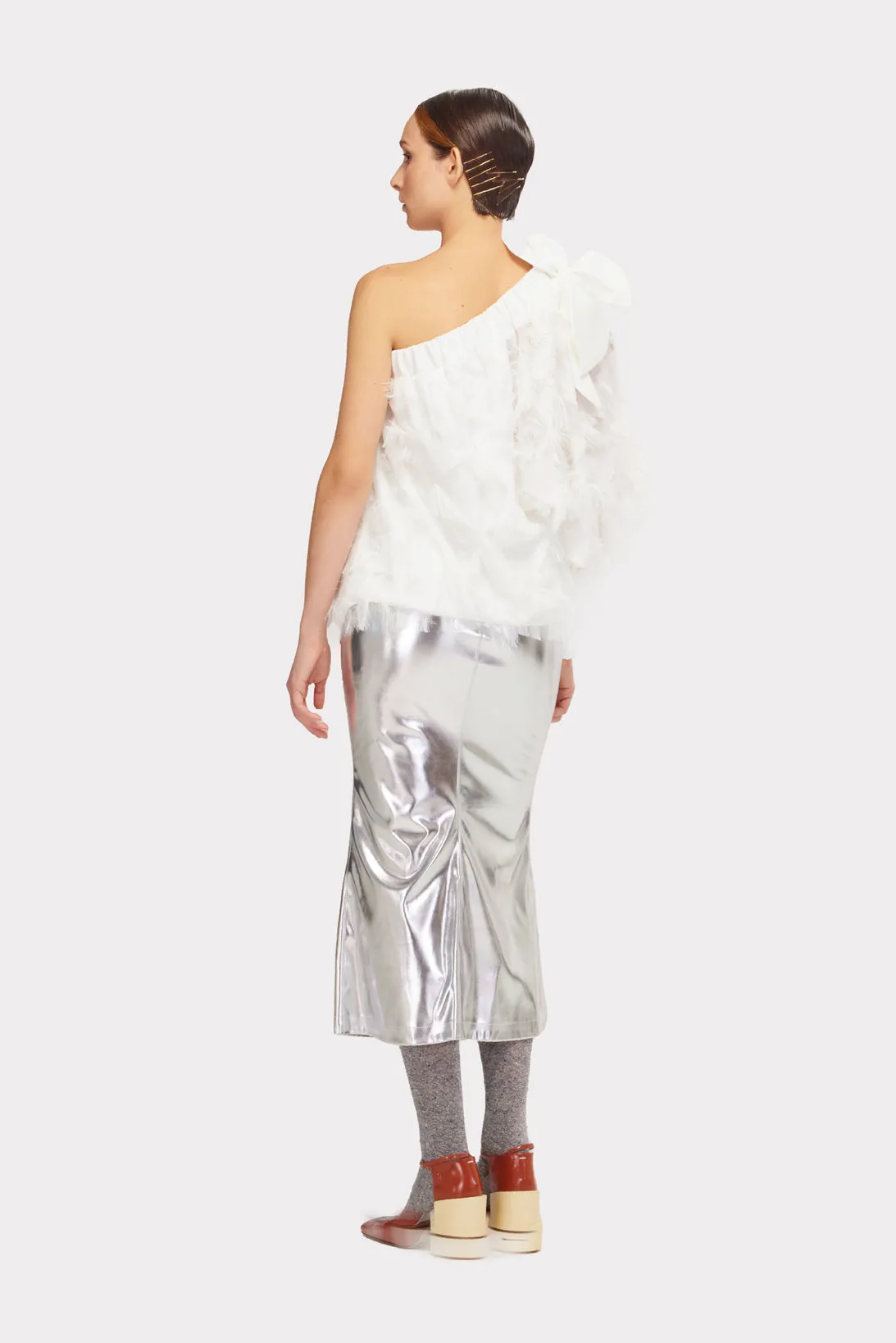 Mermaid Faux Leather Midi Skirt With Slit Silver