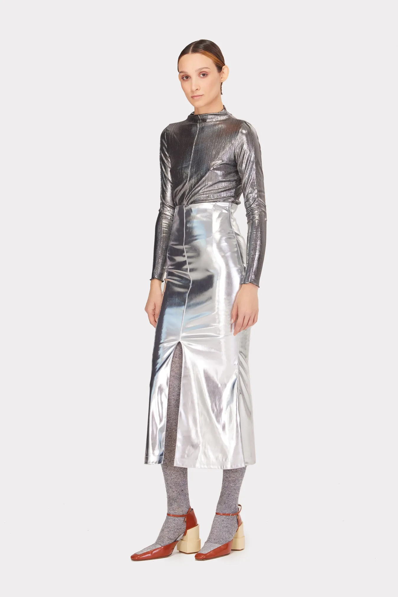 Mermaid Faux Leather Midi Skirt With Slit Silver