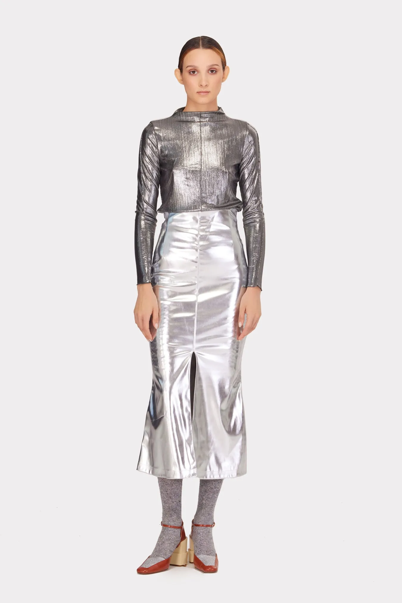 Mermaid Faux Leather Midi Skirt With Slit Silver