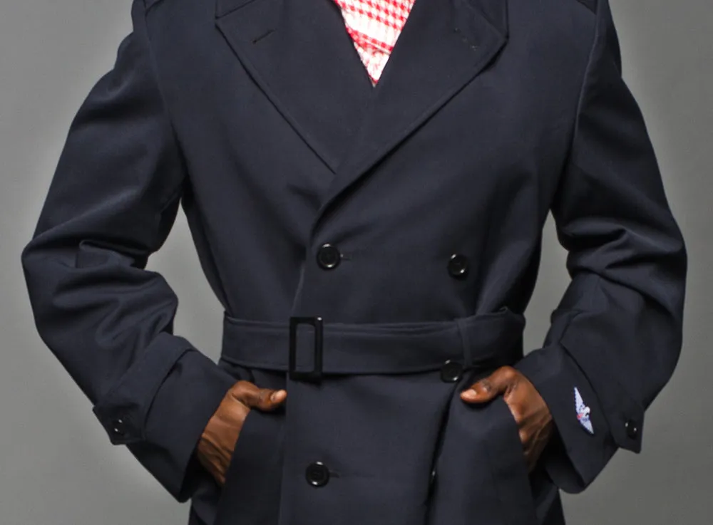 Military Style Navy Blue Gabardine Trench Coat w/Belt