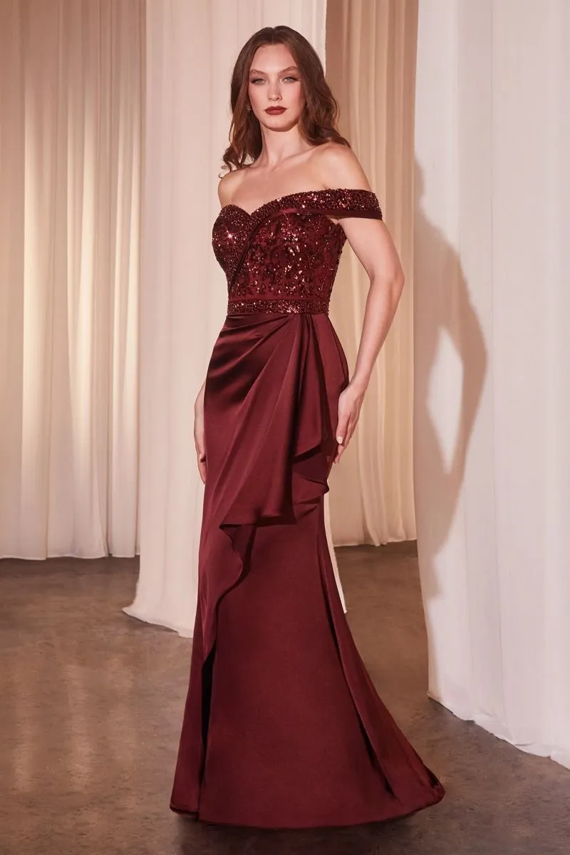 OFF THE SHOULDER SATIN & BEADED GOWN CDCR877