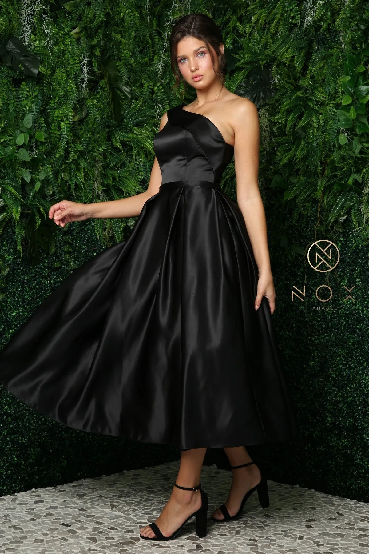 One Shoulder Satin Open Back Midi Evening & Prom Dress NXJE931