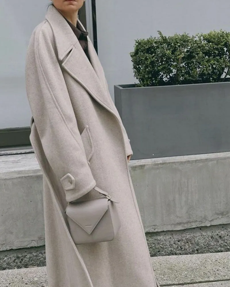 Overized Fit Tan Wool Camel Cashmere Long Coat Belted Overcoat