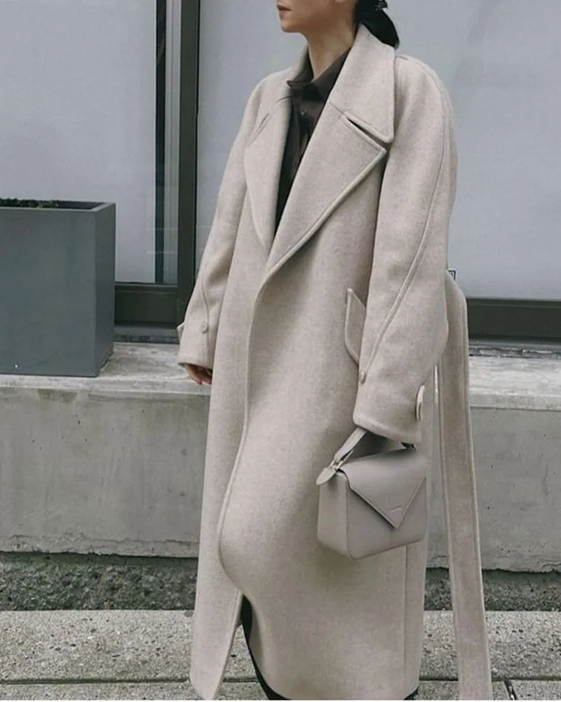 Overized Fit Tan Wool Camel Cashmere Long Coat Belted Overcoat