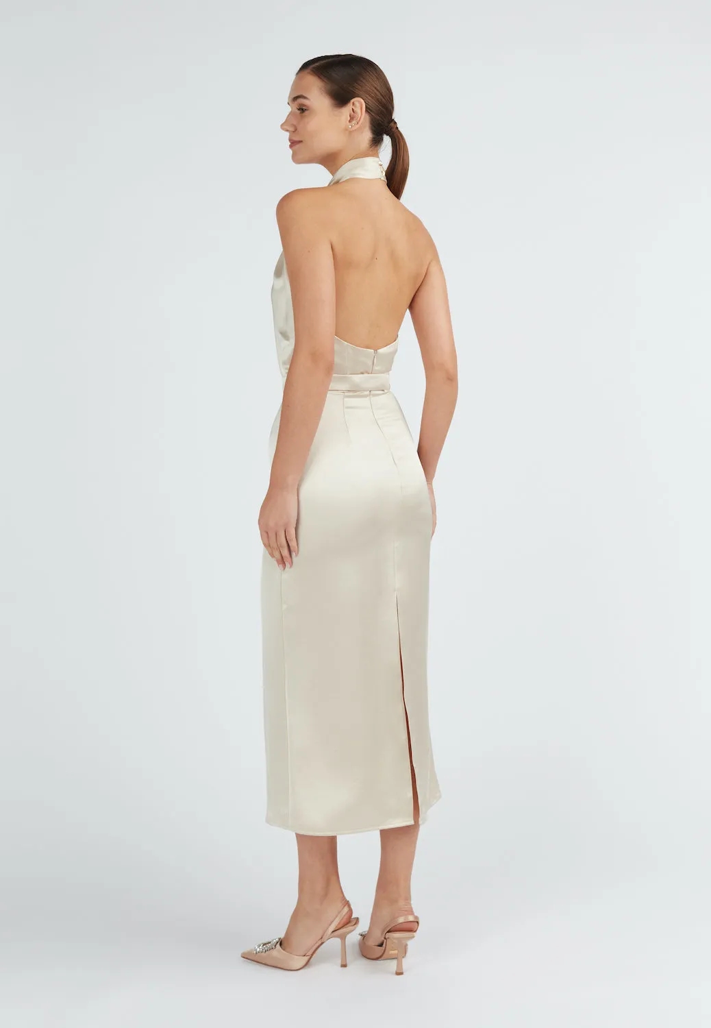 PAULA beige satin cocktail dress