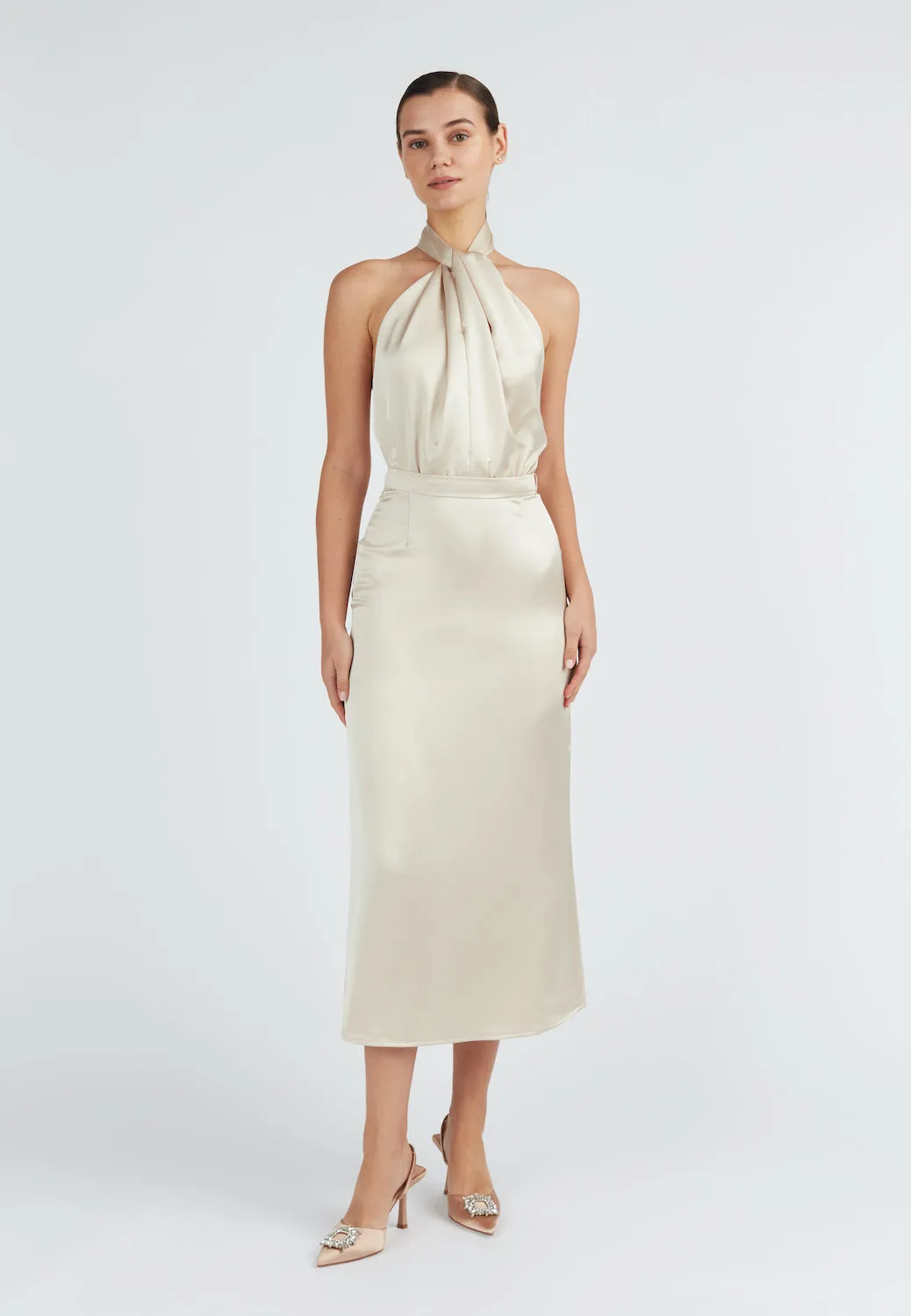 PAULA beige satin cocktail dress