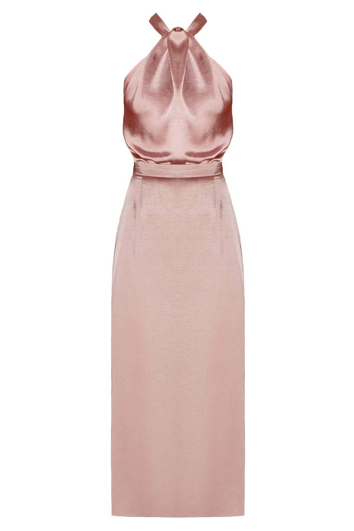 PAULA nude satin evening midi dress