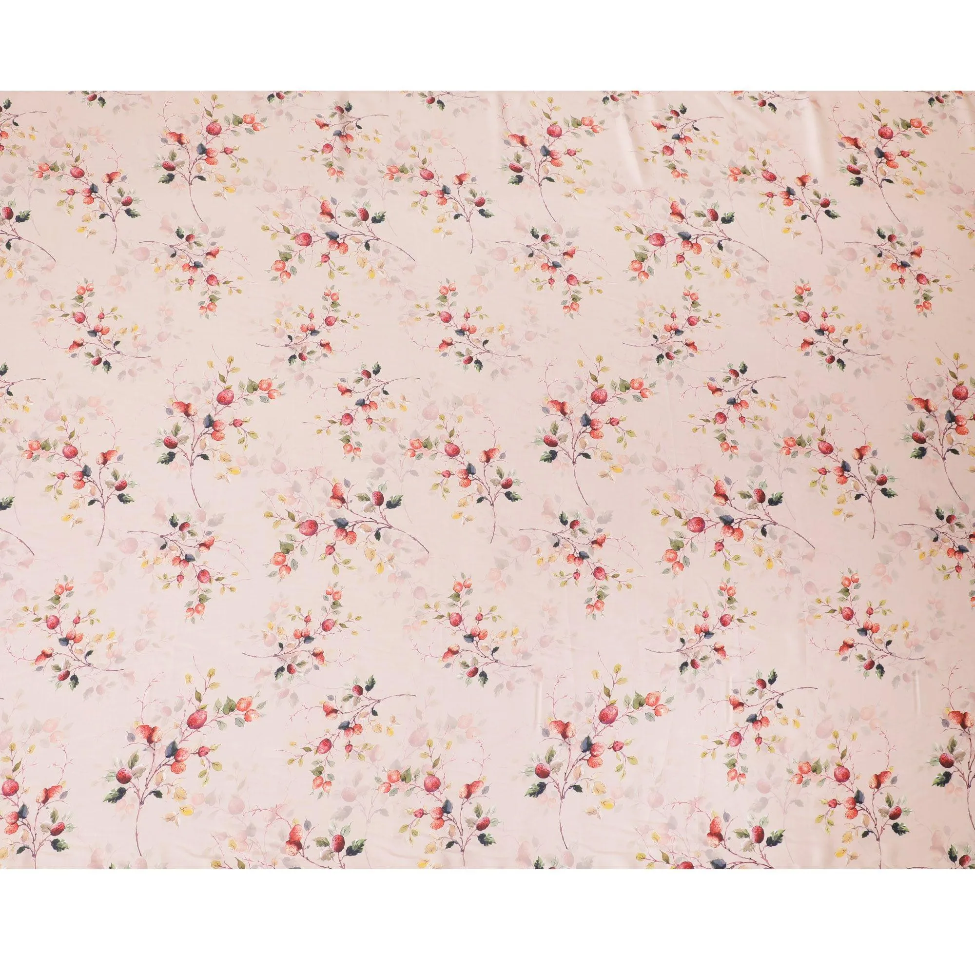 Peach synthetic satin fabric with olive green, crimson red and brick pink print in floral design-D10262