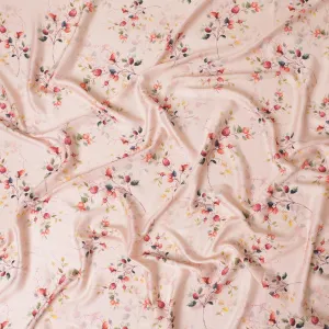 Peach synthetic satin fabric with olive green, crimson red and brick pink print in floral design-D10262