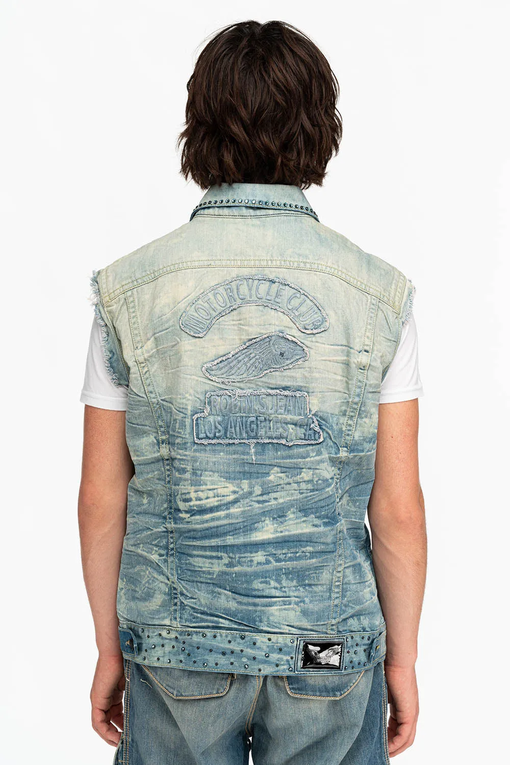 RAW EDGE VEST IN MEDIUM WASH WITH BLACK CRYSTALS