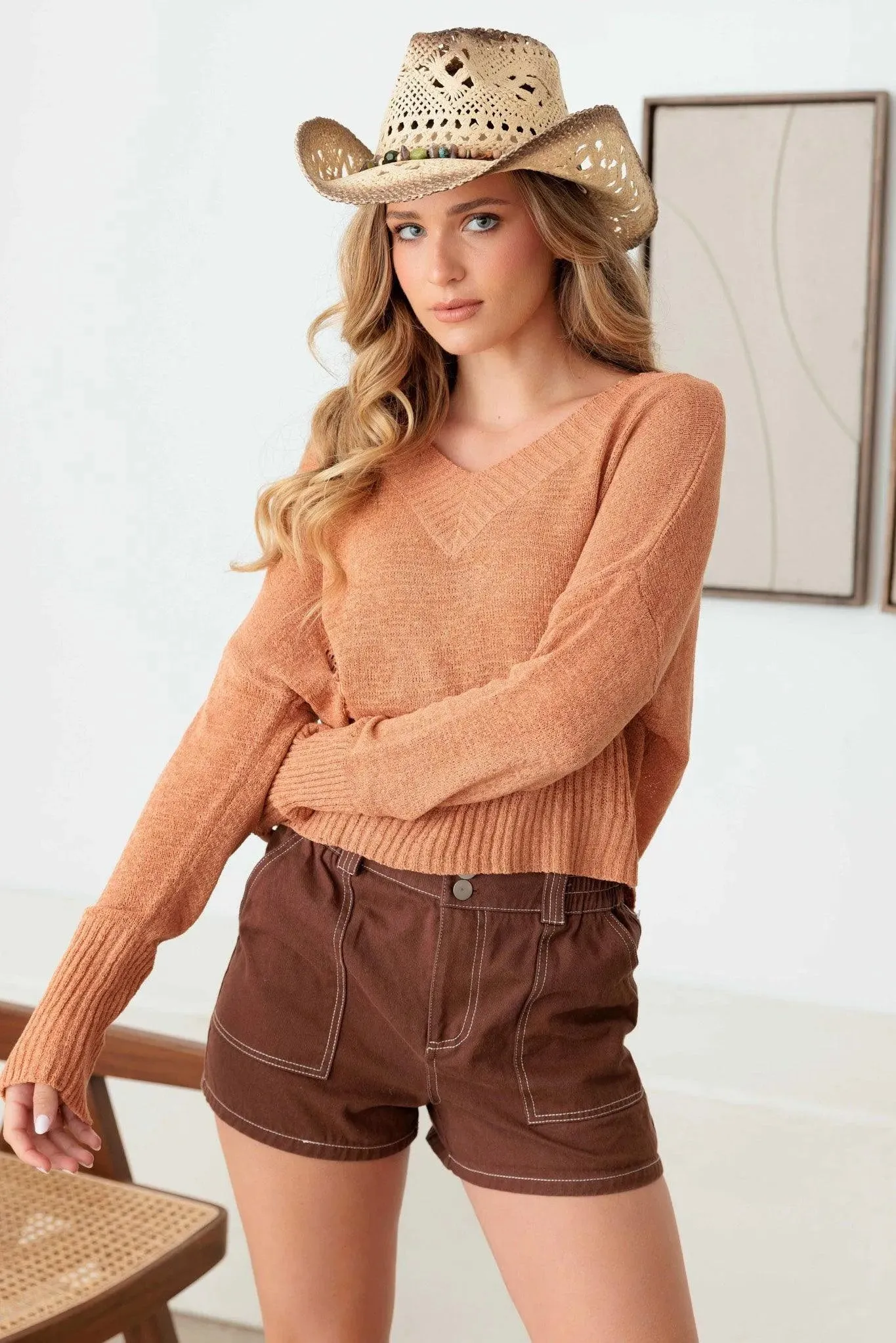 Relaxed V-Neck Side Cut Out Long Sleeve Sweater