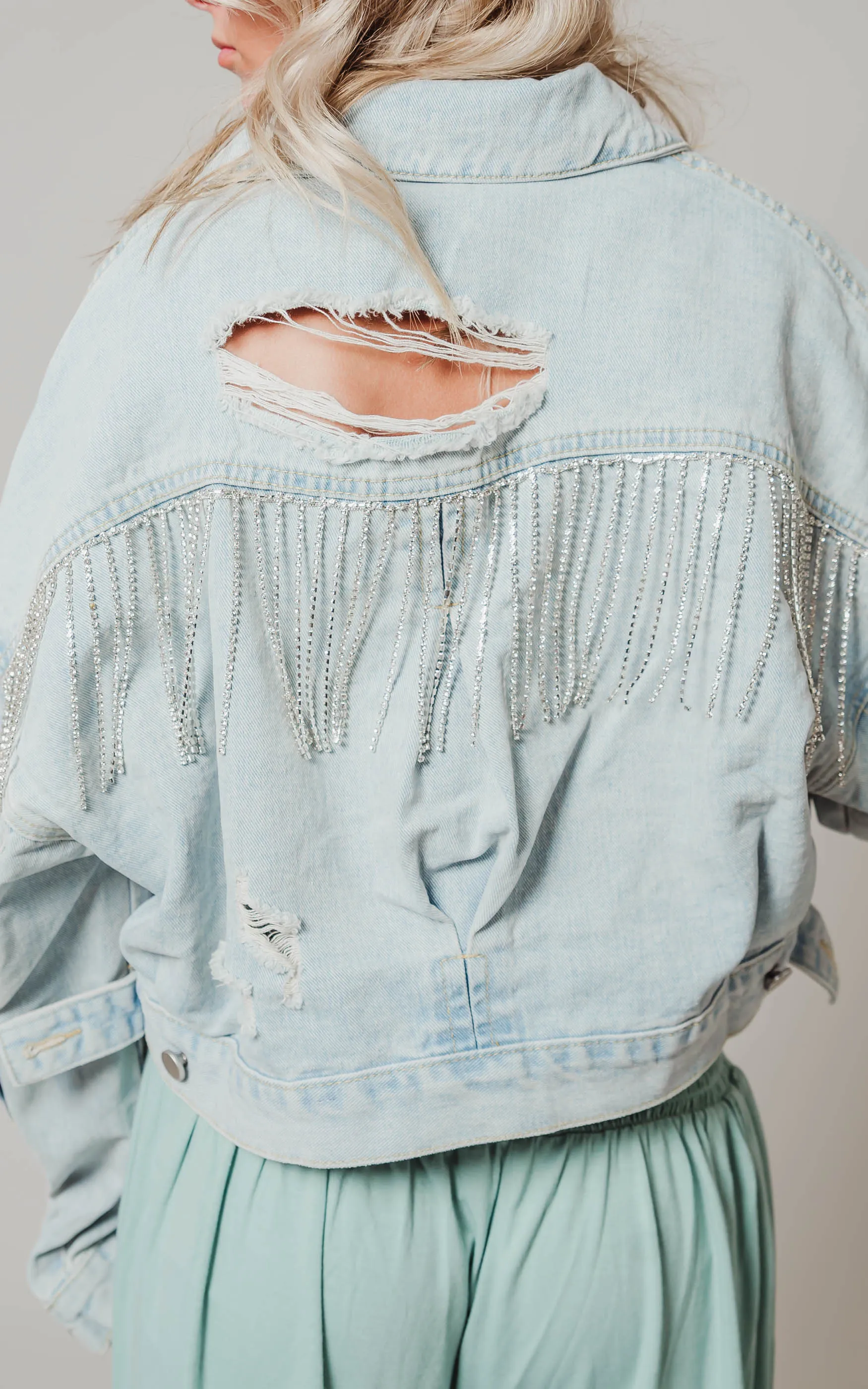 Rhinestone Fringe Denim Jacket - Light Blue - Final Sale